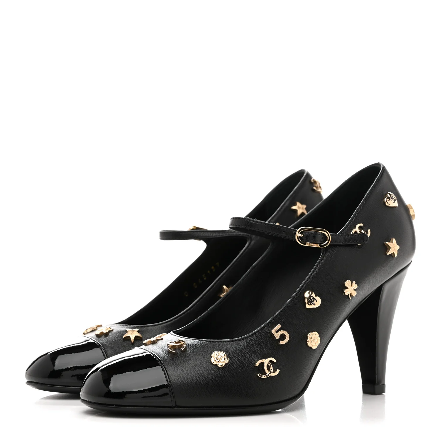 Lambskin Patent Cap Toe Charms Mary Jane Pumps 36.5 Black