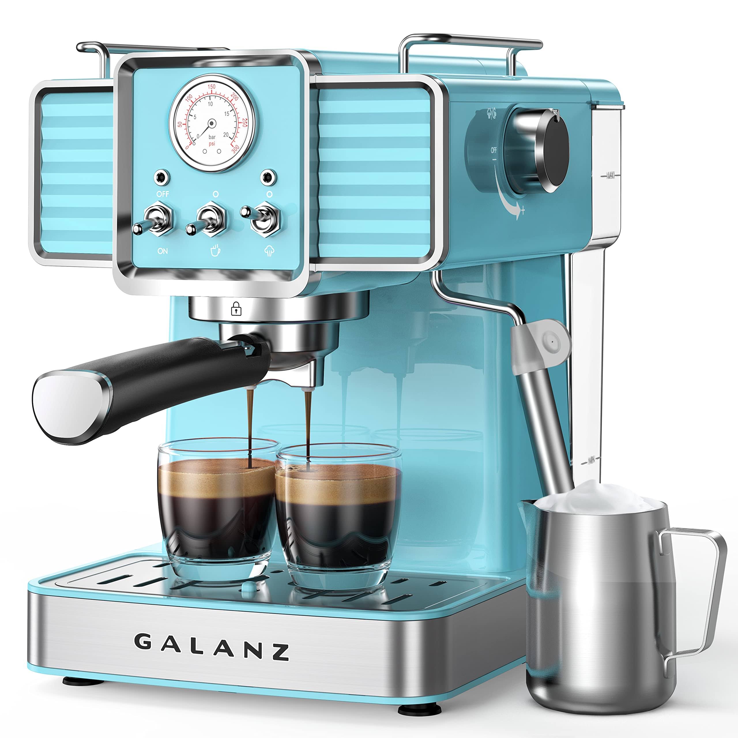 Galanz Retro 2-Cup Espresso Machine with Milk Frother - Blue