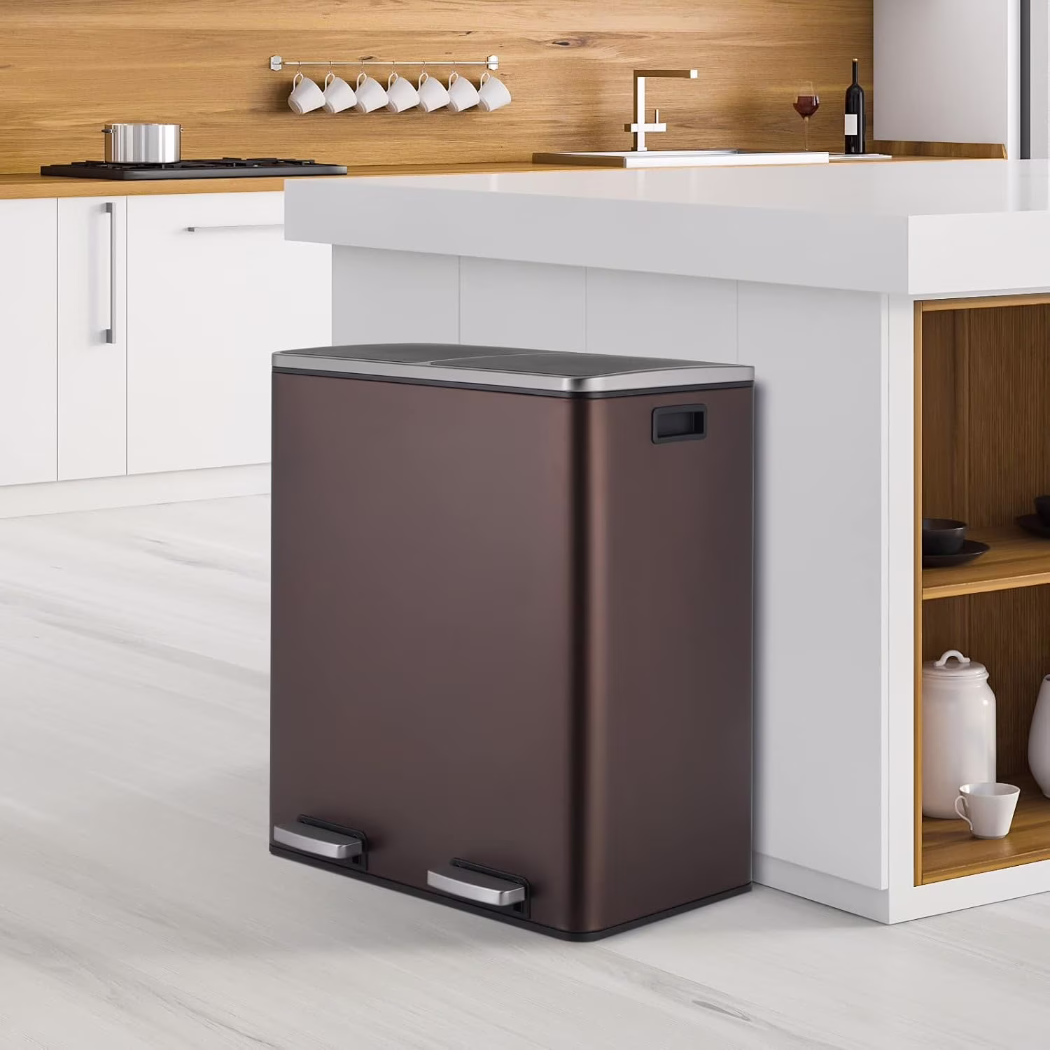 60 L/16 gal Dual Trash Can, Stainless Steel Garbage Can for Kitchen, Recycle Bin with Lid(Black) - Image 7