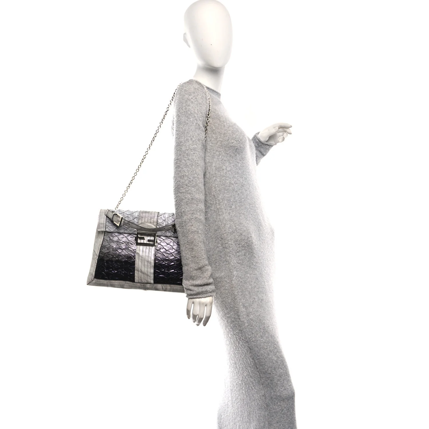 Iridescent Eelskin Maxi Chain Baguette Bag Grey Multicolor