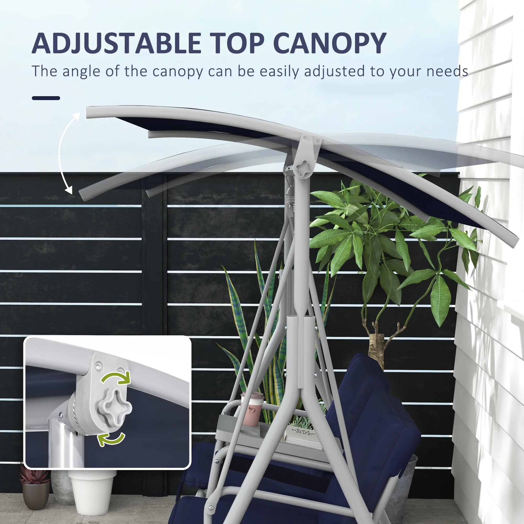 2 Person Porch Swing with Stand, Outdoor Swing with Canopy, Pivot Storage Table, 2 Cup Holders, Cushions for Patio, Backyard, Dark Blue(Dark Blue) - Image 4