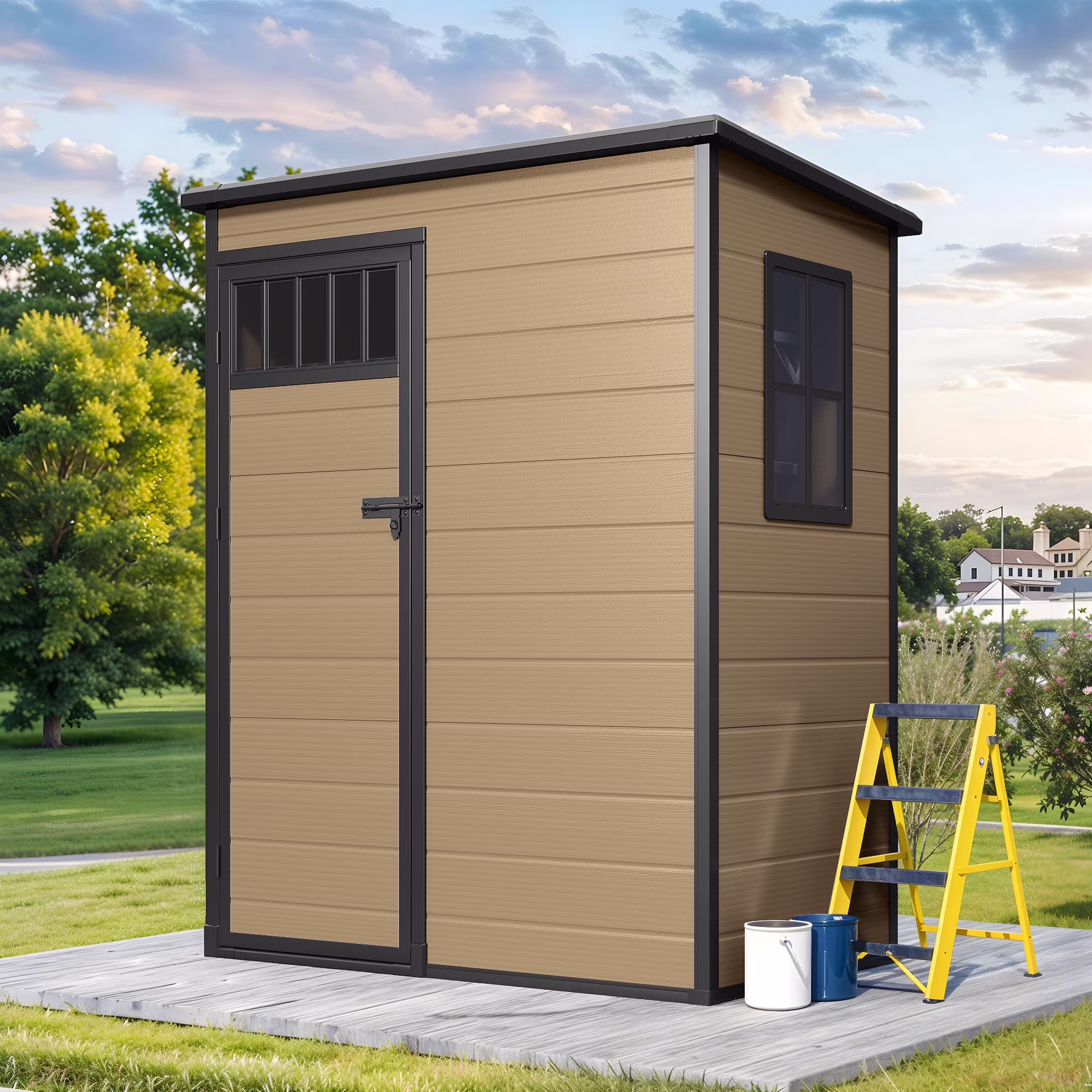 4.6��2.6��6.3 ft Resin Storage Shed with Window, Floor, Plastic Roof, Storage Cabinets for Brooms Vacuum Cleaners fits 65 to 68 inches, Winter Gear Box, Black(Black) - Image 5