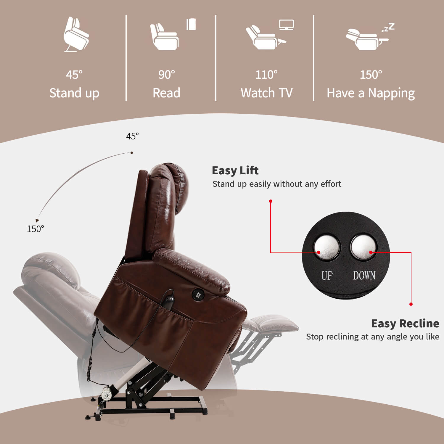 Fauteuil releveur électrique 3 positions avec repose-talon et massage, revêtement en cuir véritable
