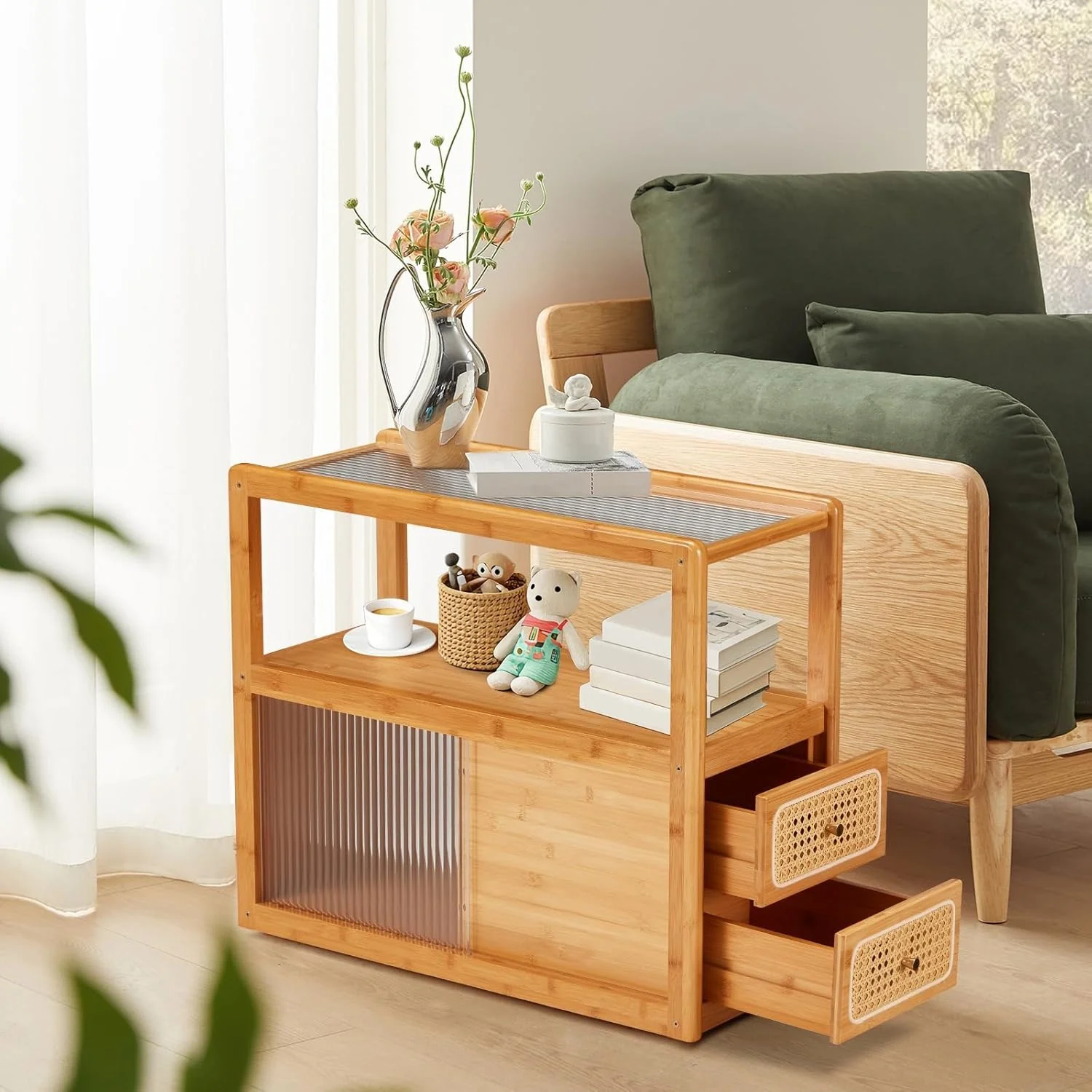 AECOJOY Rattan Nightstand, Boho Mid Century Modern Coffee Side End Table with 360 Degree Hidden Pulleys, Removable Desktop, Strip Sliding Door & 2 Drawers