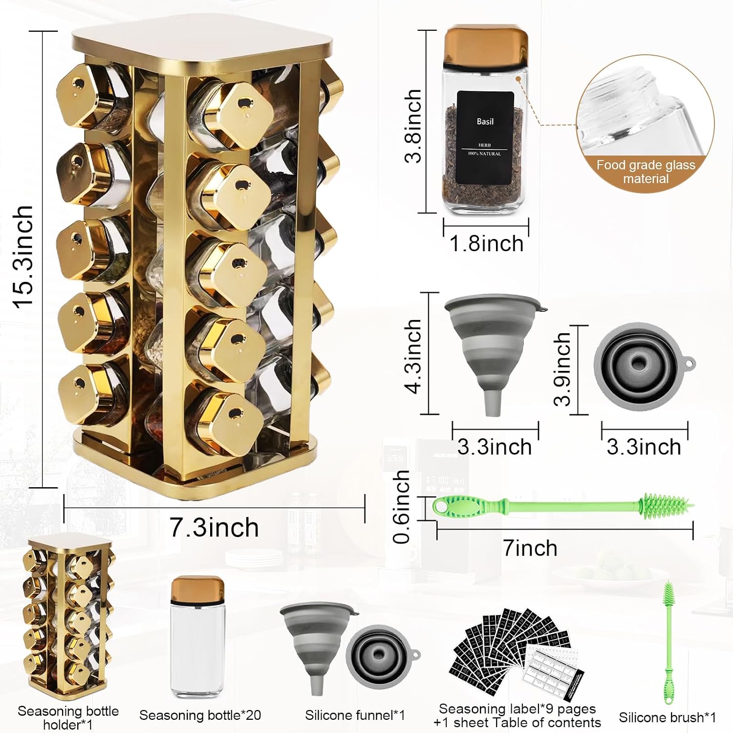 Kitchen stainless steel spice rack with 20 food-grade glass cans-275 spice labels-rotating vertical bracket and countertop seasoning rack cabinet tower storage rack (golden, 20)
