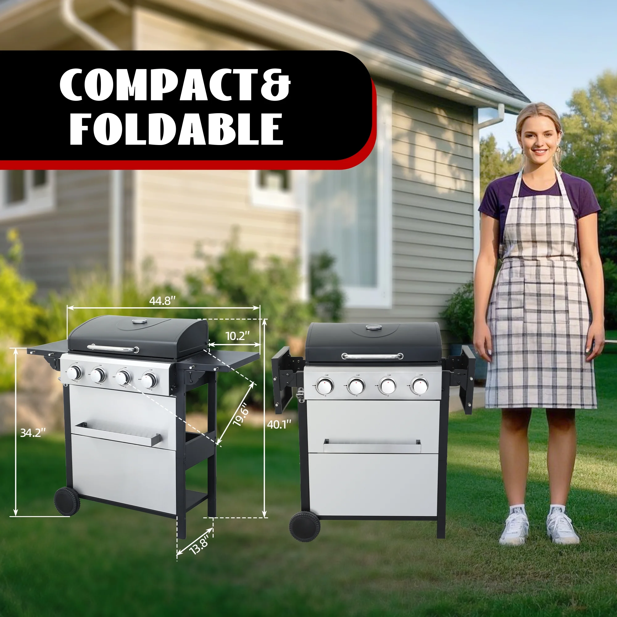 4-Burner Propane Gas Grill 34,200 BTU BBQ Grill, Stainless Steel Control Panel, Easy Ignition, Temperature Gauge, 2 Enameled Cooking Grids for Backyard BBQ - Image 3