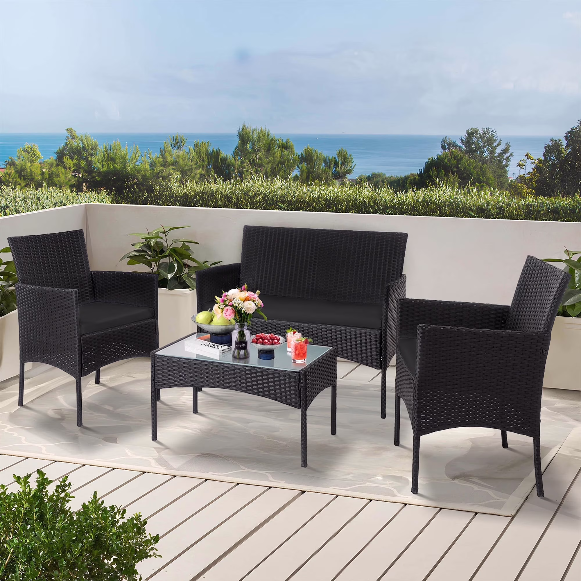 4 Piece Patio Conversation Wicker Furniture Set, Porch Furniture Outdoor Sectional Furniture Set w/Coffee Table Cushions Wicker Sofa Garden Conversation Set for Yard Pool Backyard,Black/Red(Red) - Image 7