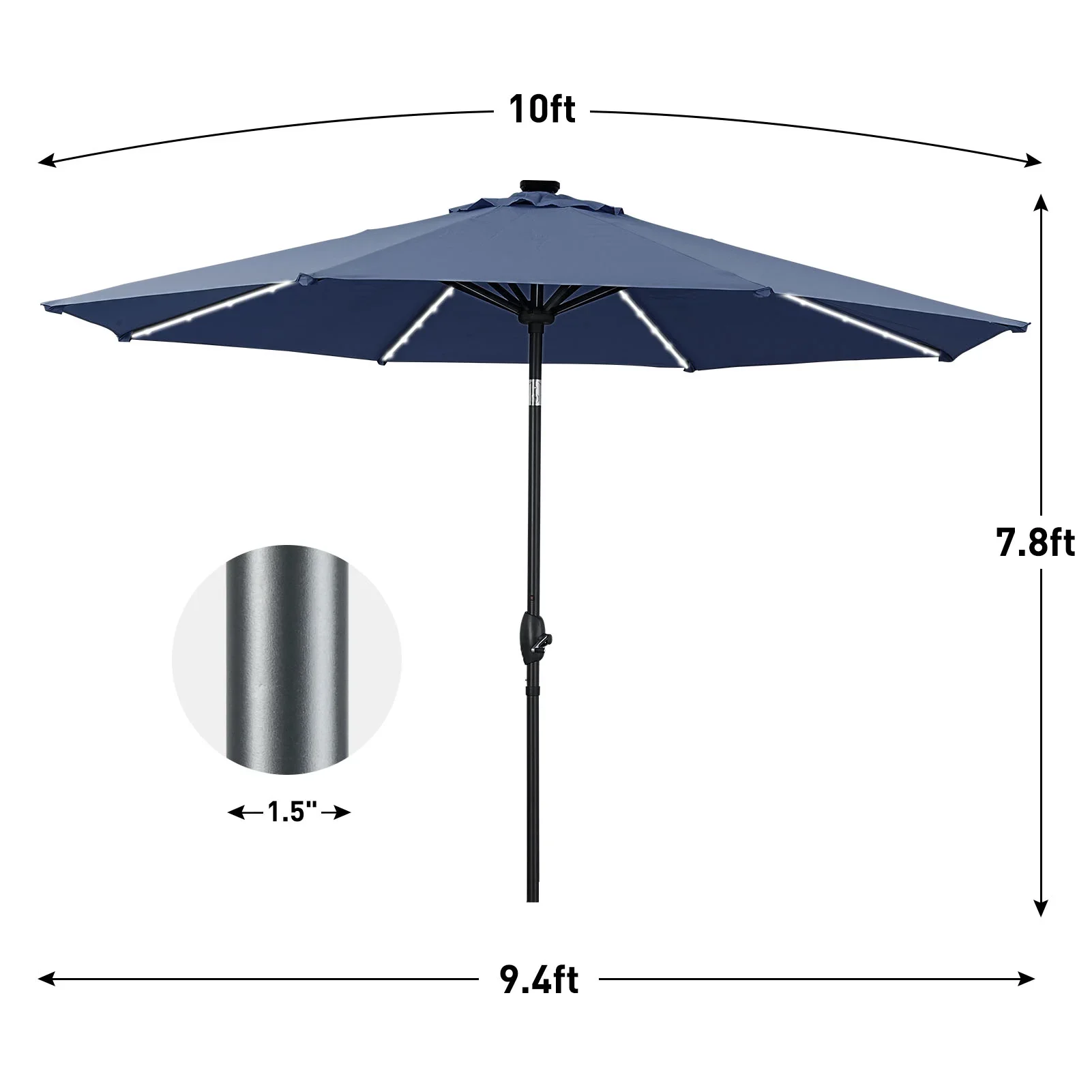 Autlaycil 10 FT Solar LED Lighted Patio Umbrella with LED Table Umbrella with 8 LED Strip Lights, Fade-resistant & Waterproof for Garden, Backyard, Poolside, Push Button Tilt (Blue)