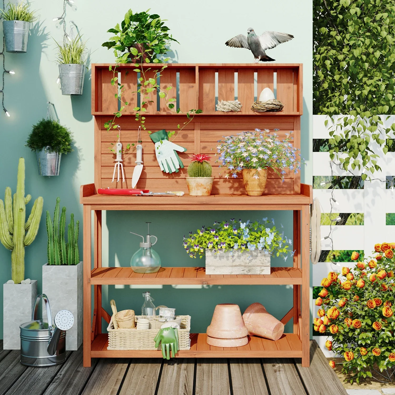 65 Large Wooden Farmhouse Rustic Outdoor Potting Bench Table, Garden Workstation with 4 Storage Shelves and Side Hooks, Natural