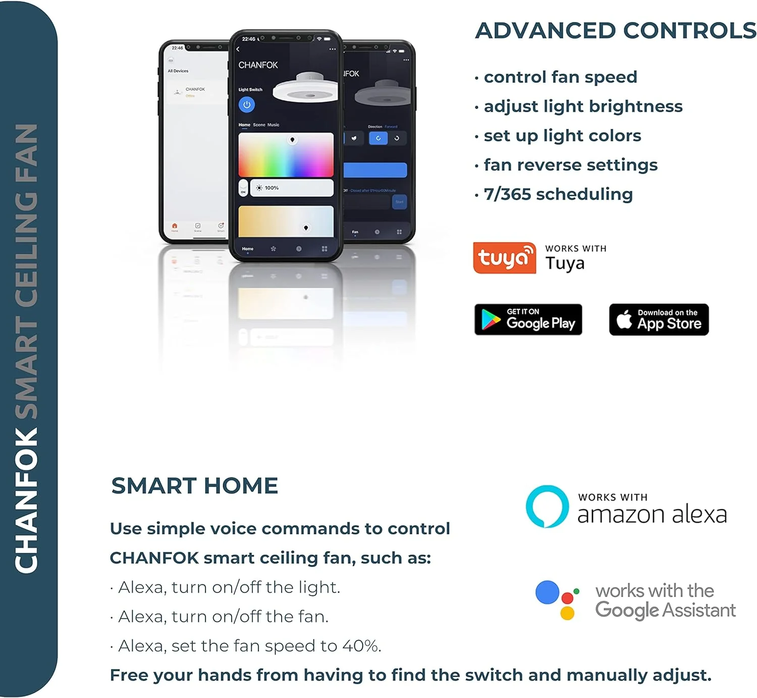 Low-profile smart ceiling fan with lights, APP control, remote compatibility, 6-speed reversible blade