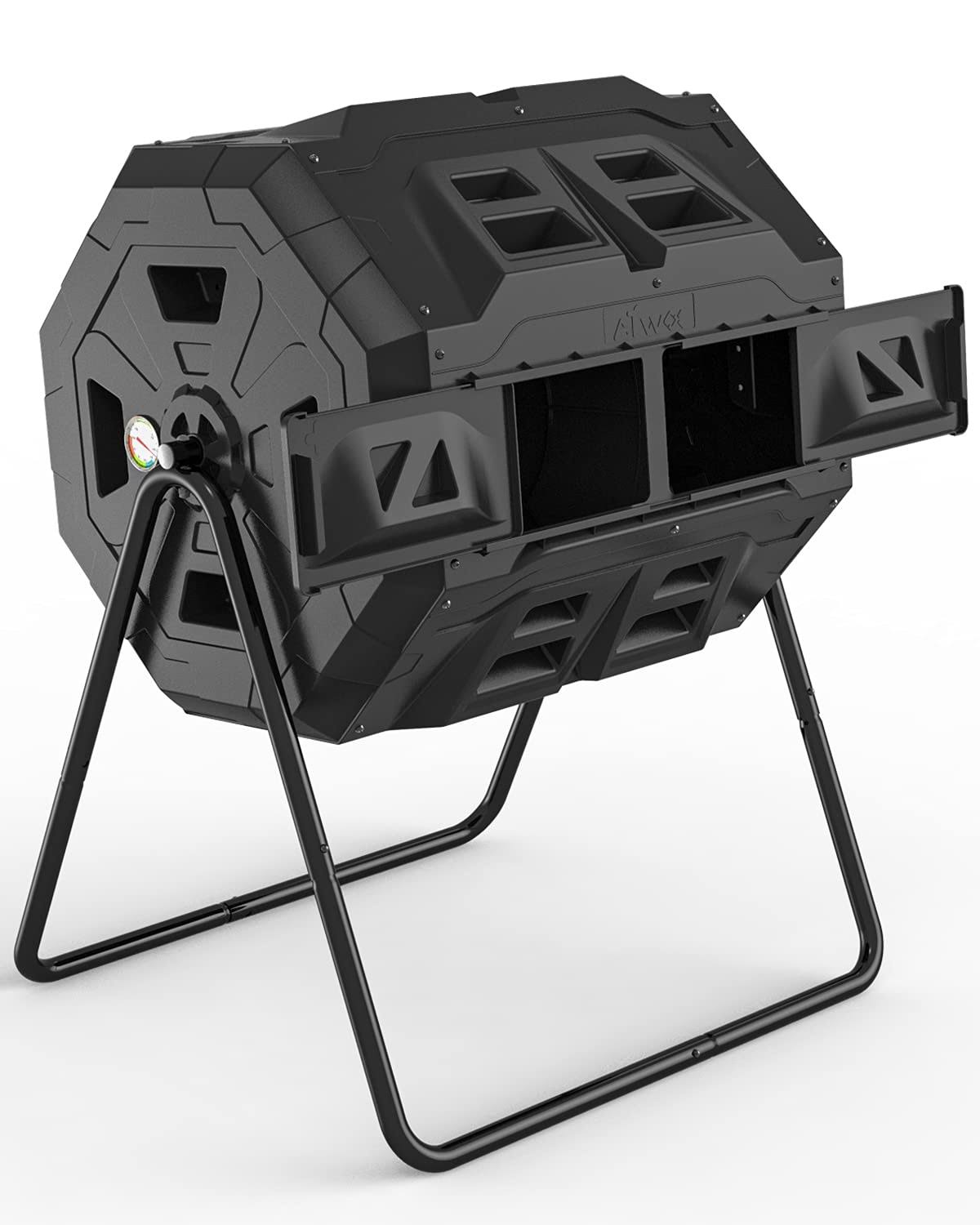 Ejwox 2021 Upgraded Tumbling Composter with Compost Thermometer - Dual Chamber Garden Compost Bin(43 Gal Black)