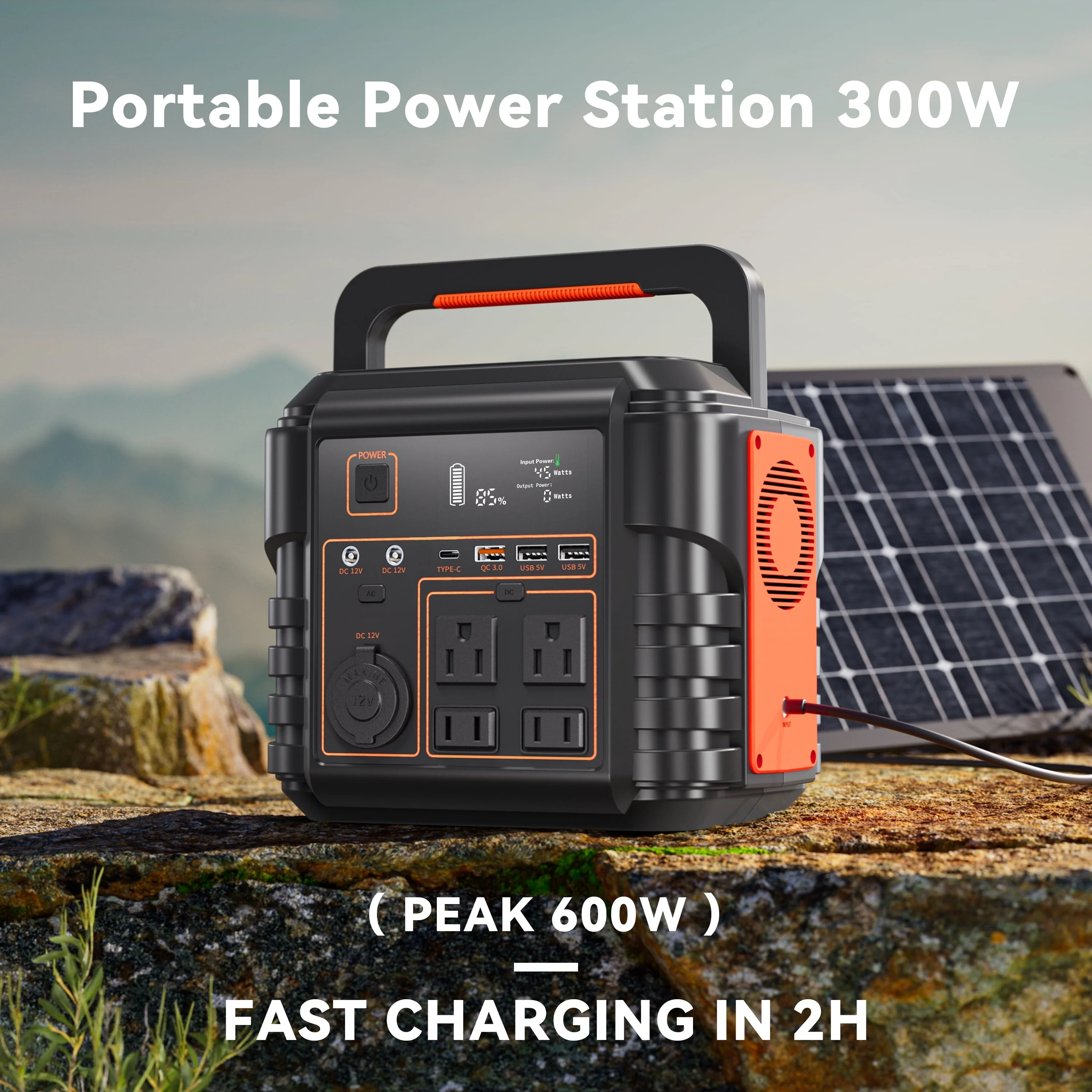 Portable Power Station 300W (Peak 600W), Solar Generator, Backup Battery Supply w/ AC Outlet for Home Blackout, Camping, Travel, CPAP