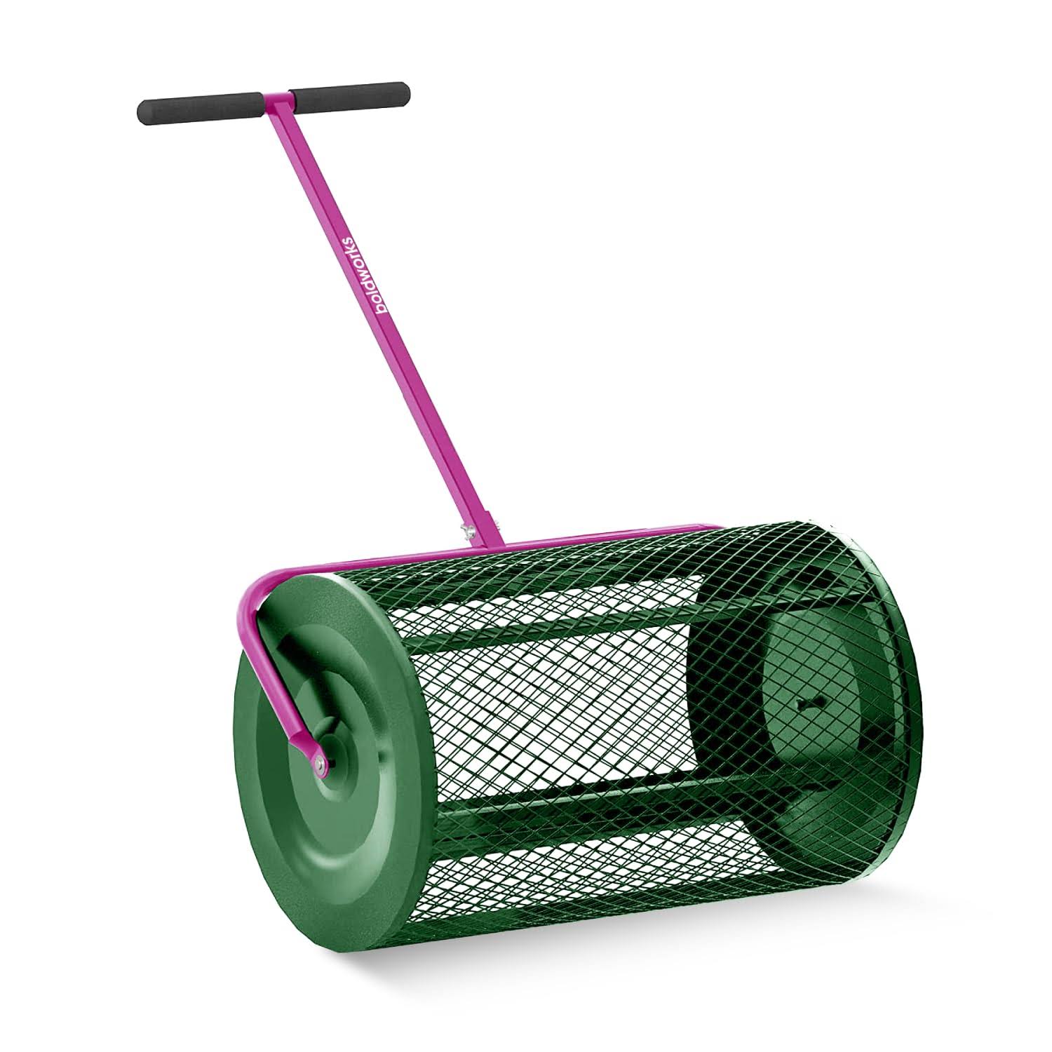 Compost Spreader for Lawn Peat Moss Spreader to Cover Garden Top Soil with Manure Peat Moss or Dirt Evenly Using 24 inch Metal Mesh Compost Roller
