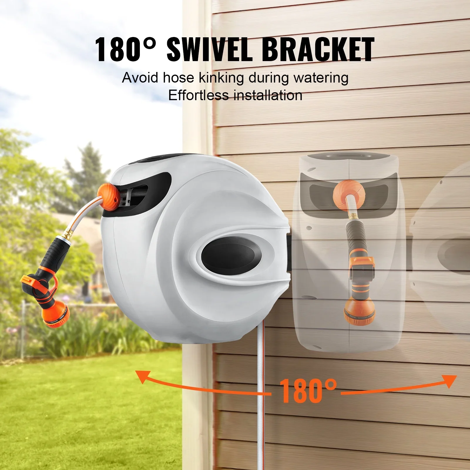 BENTISM Retractable Hose Reel, 65 ft x 5/8 inch, 180�� Swivel Bracket Wall-Mounted, Garden Water Hose Reel with 9-Pattern Nozzle, Automatic Rewind, Lock at Any Length, and Slow Return System