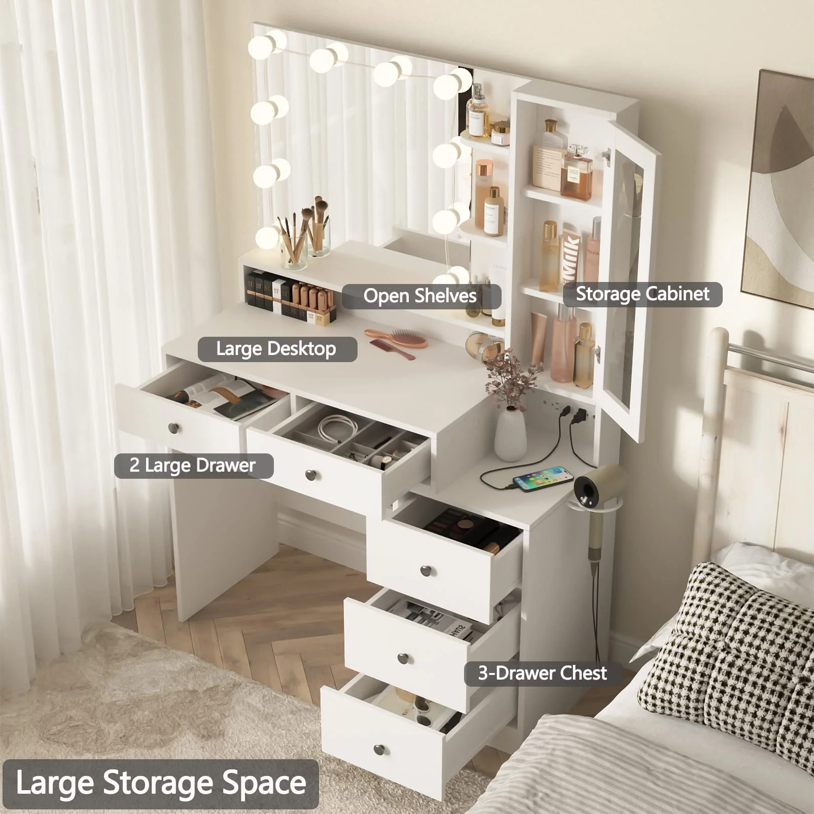 Makeup Vanity Desk with Lighted Mirror and Power Strip, Modern Vanity Table with 5 Drawers, White(White) - Image 7