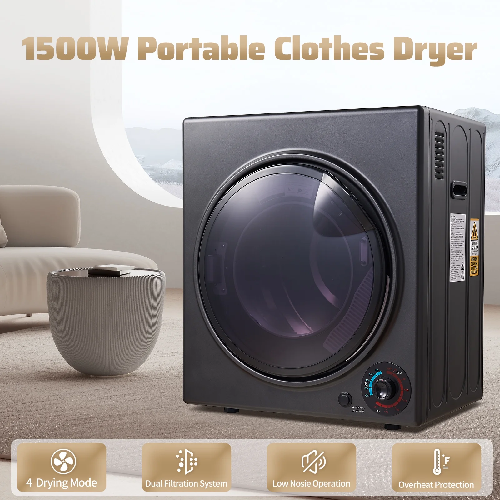 Portable Dryers for Laundry 1500W, 3.5 cu.ft Compact Dryer with Stainless Steel Tub, 4 Drying Mode, Apartments, RVs, Dorms - Image 8