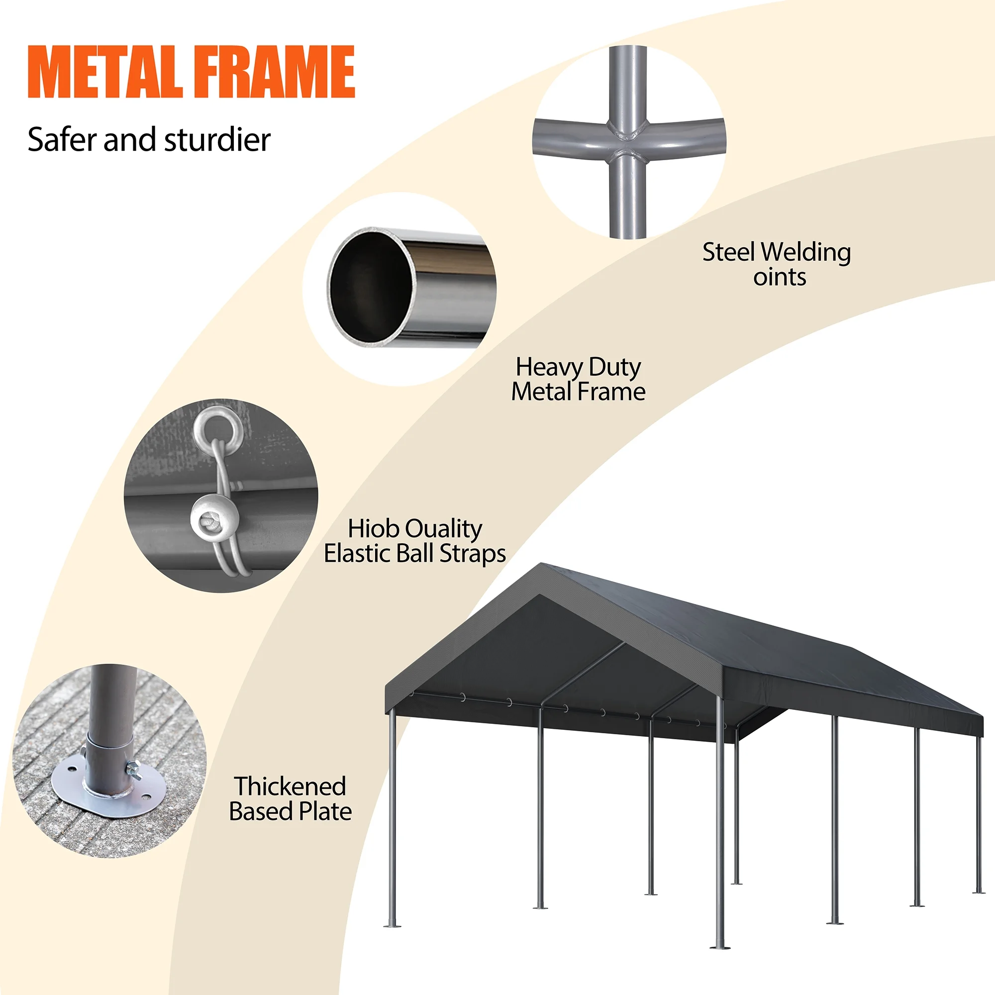 Carport 10 x 20 ft Heavy Duty Carport Car Canopy with Powder-Coated Steel Frame, Portable Garage for Car, Boat, Shelter Party Tent with 180g PE Tarp Gray(Gray) - Image 2