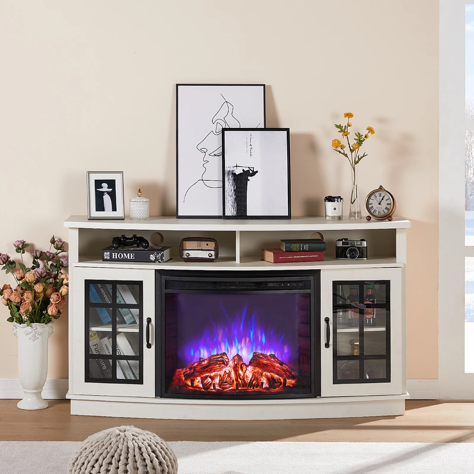 Curved TV Cabinet with 26" Electric Fireplace for TVs up to 65", Distressed White(Distressed White) - Image 7