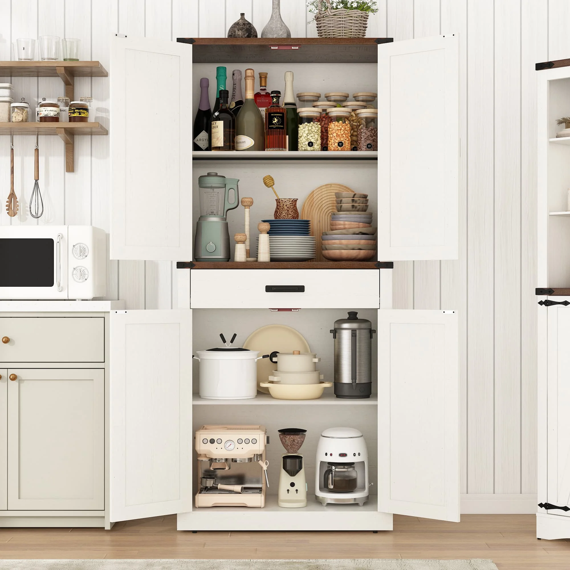 72" Tall Farmhouse Kitchen Pantry Cabinet w/1 Drawer 4 Roomy Storage Shelves, Versatile Wood Storage Cabinet with 4 Barn Door Adjustable Shelves for Dining Room Bathroom Utility Room(White) - Image 8