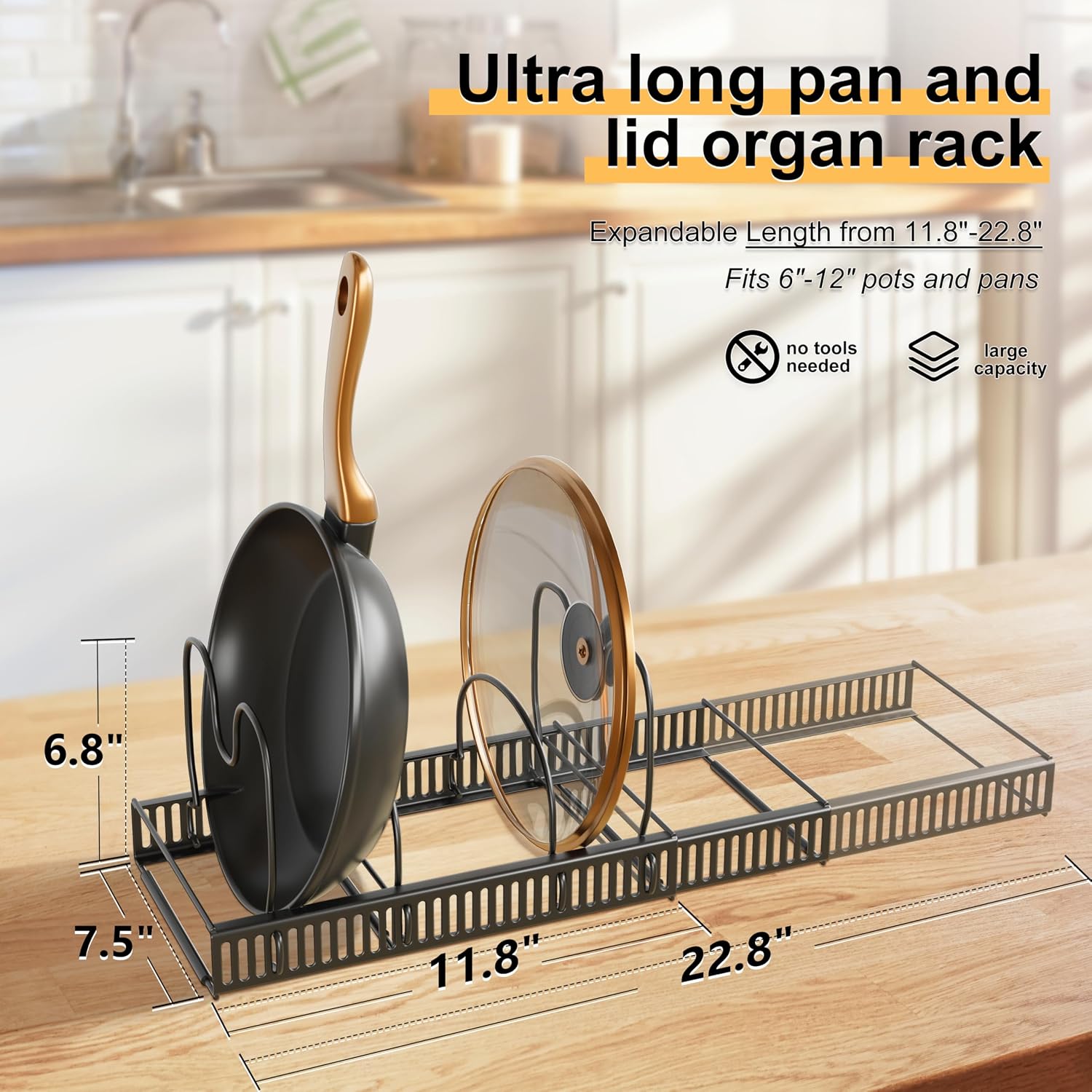 Pots and Pans Organizer Rack for Under Cabinet Expandable Pot Lid Holders Inside Organizer 10 Adjustable Dividers Pan Organizer 11.81''-22.85'' Pan Lid Organizer for Cabinet Organizer for Bakeware