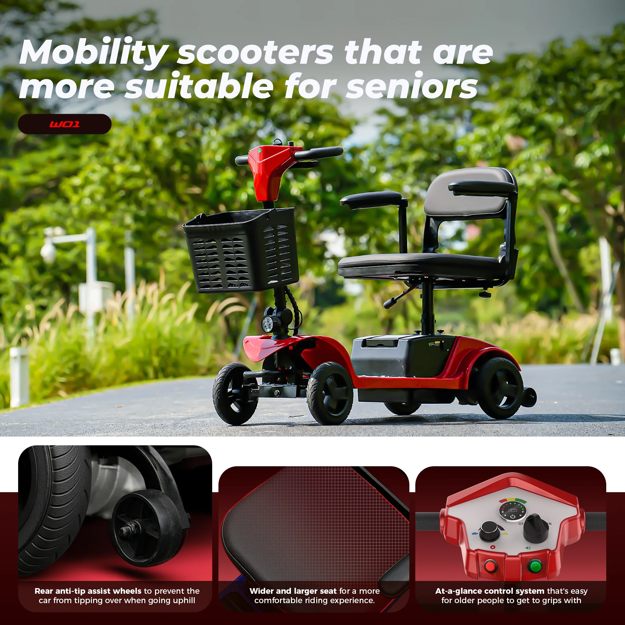 4 Wheel Mobility Scooter for Seniors, Wider Seats Foldale Electric Wheelchair Device for Travel, Upgraded for Superior Performance, Red(Red) - Image 5