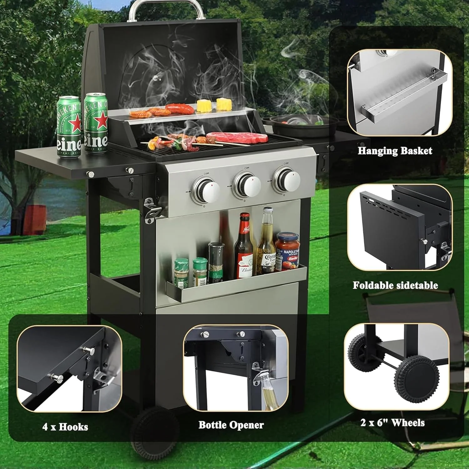 3-Burner Propane Gas BBQ Grill with Thermometer Wire Enamel Cooking Grids, 25,650 BTU Output Stainless Steel Grill with Foldable Side Table for Outdoor Barbecue(25650) - Image 6
