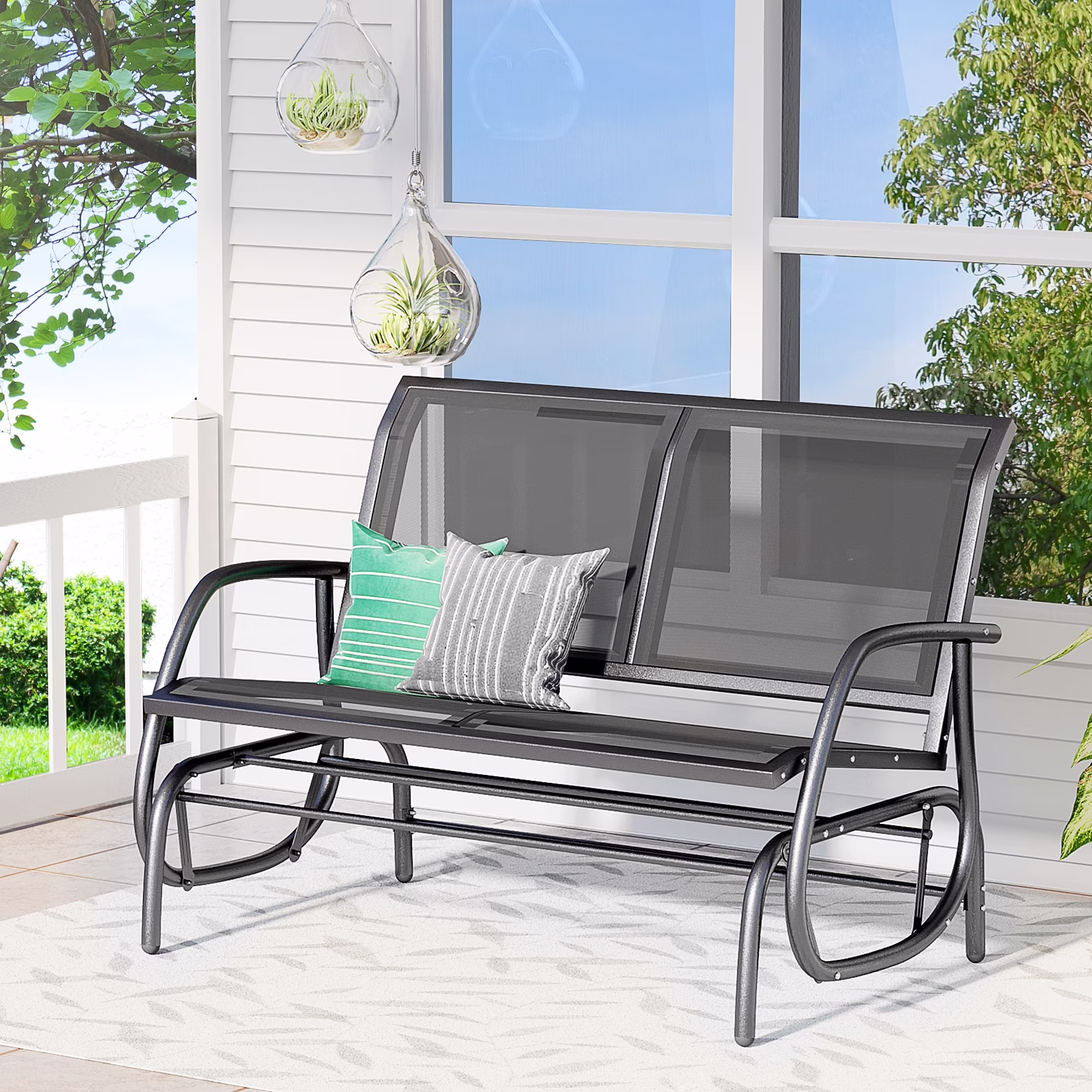 Outsunny 2-Person Outdoor Glider Bench, Patio Double Swing Rocking Chair Loveseat w/Powder Coated Steel Frame for Backyard Garden Porch, Black