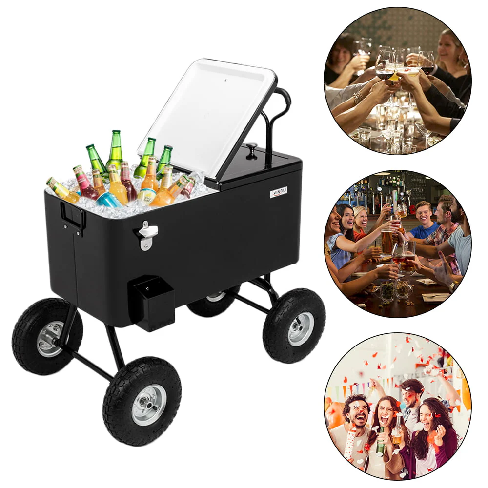 VINGLI 80 Quart Wagon Rolling Cooler Ice Chest, w/Long Handle and 10" Wheels, Portable Beach Patio Party Bar Cold Drink Beverage , Outdoor Park Cart on Wheels Image 7