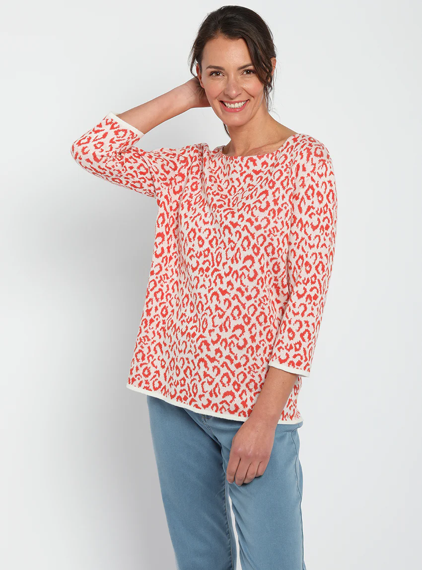 Pull femme jacquard léopard orange terracotta