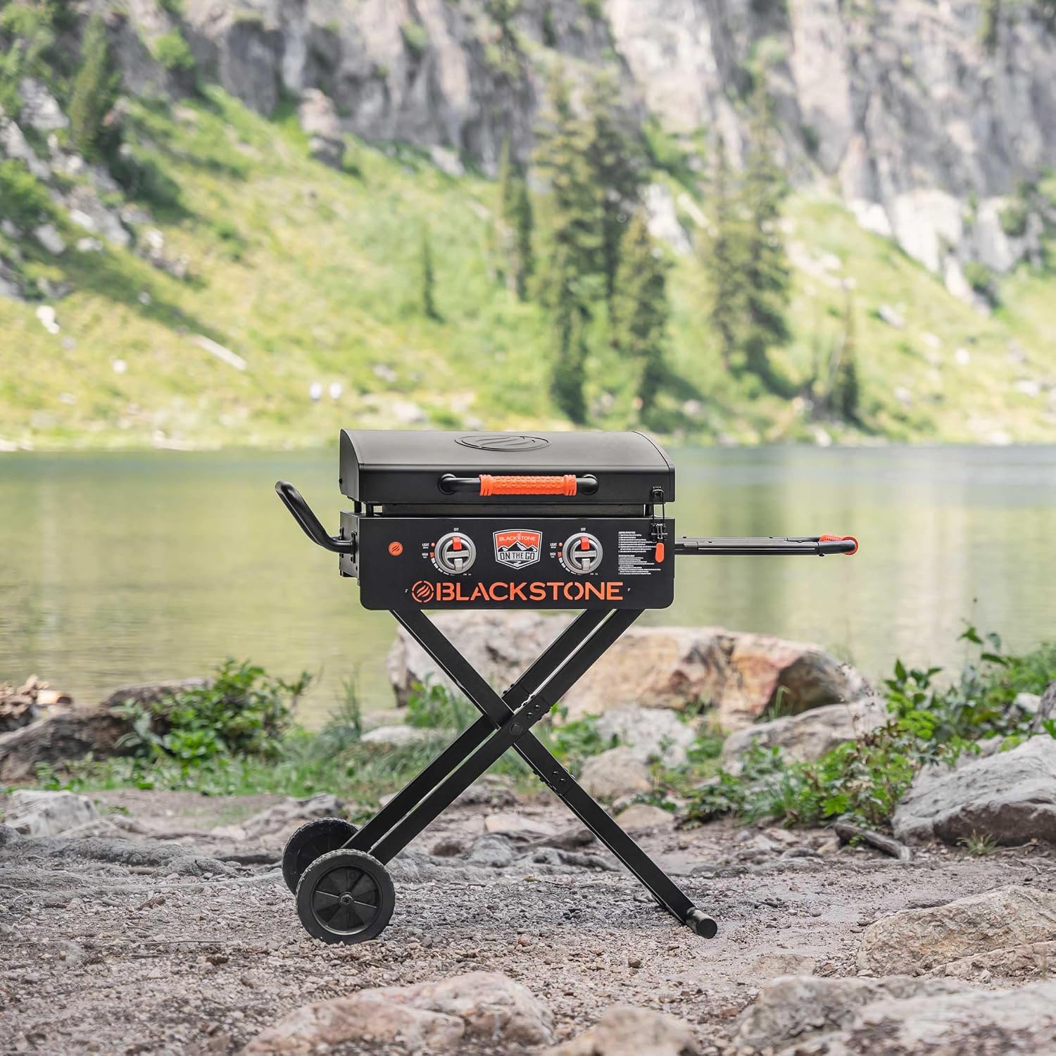BLACKSTONE 22” On The Go Scissor-Leg Griddle with Two Burners - Stainless Steel Gas Griddle with Hood, Wheels, Side Shelf – Heavy Duty Outdoor Stainless Steel Griddle for Backyard, Patio Camping – 1935