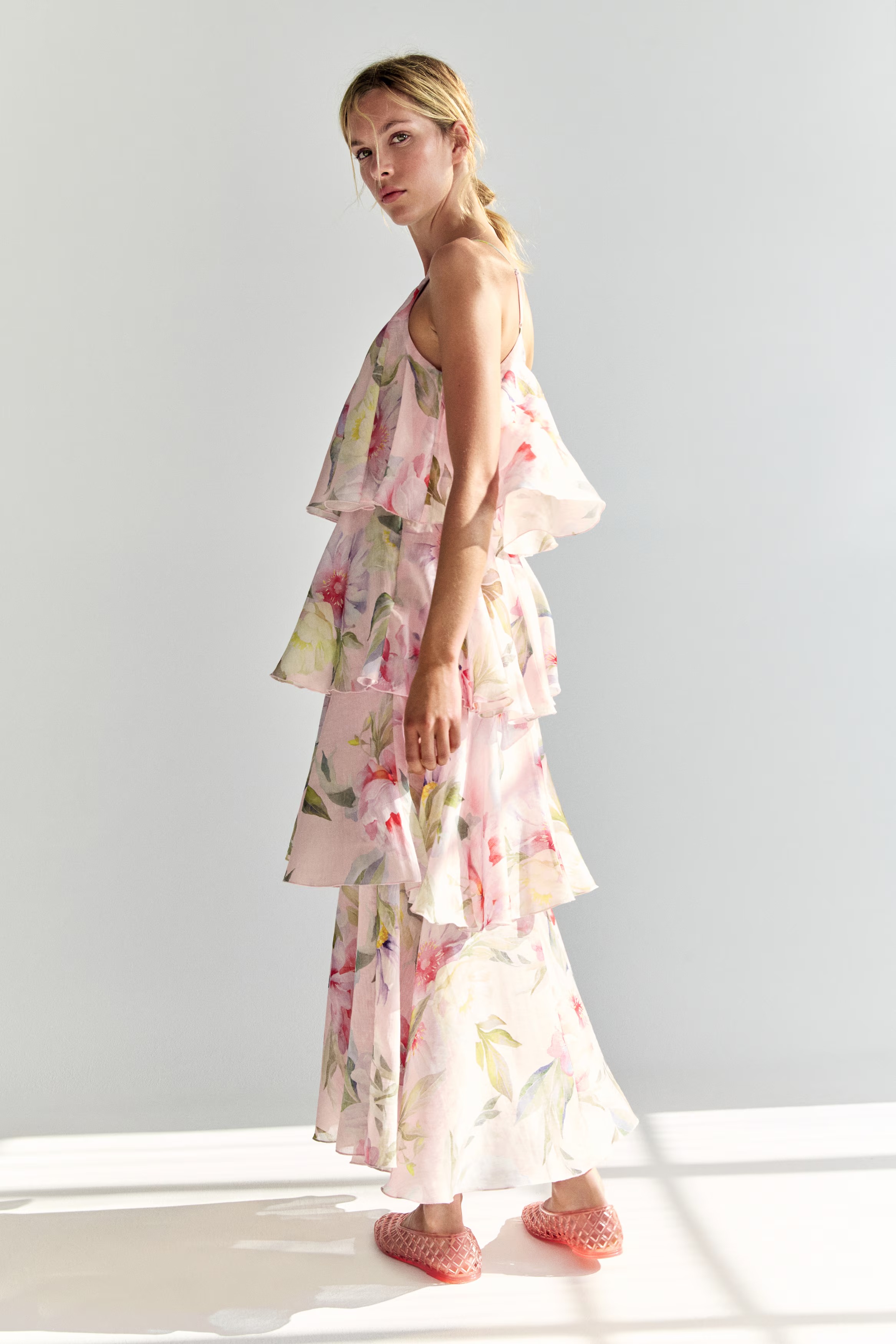 Tiered One-Shoulder Linen-Blend Dress