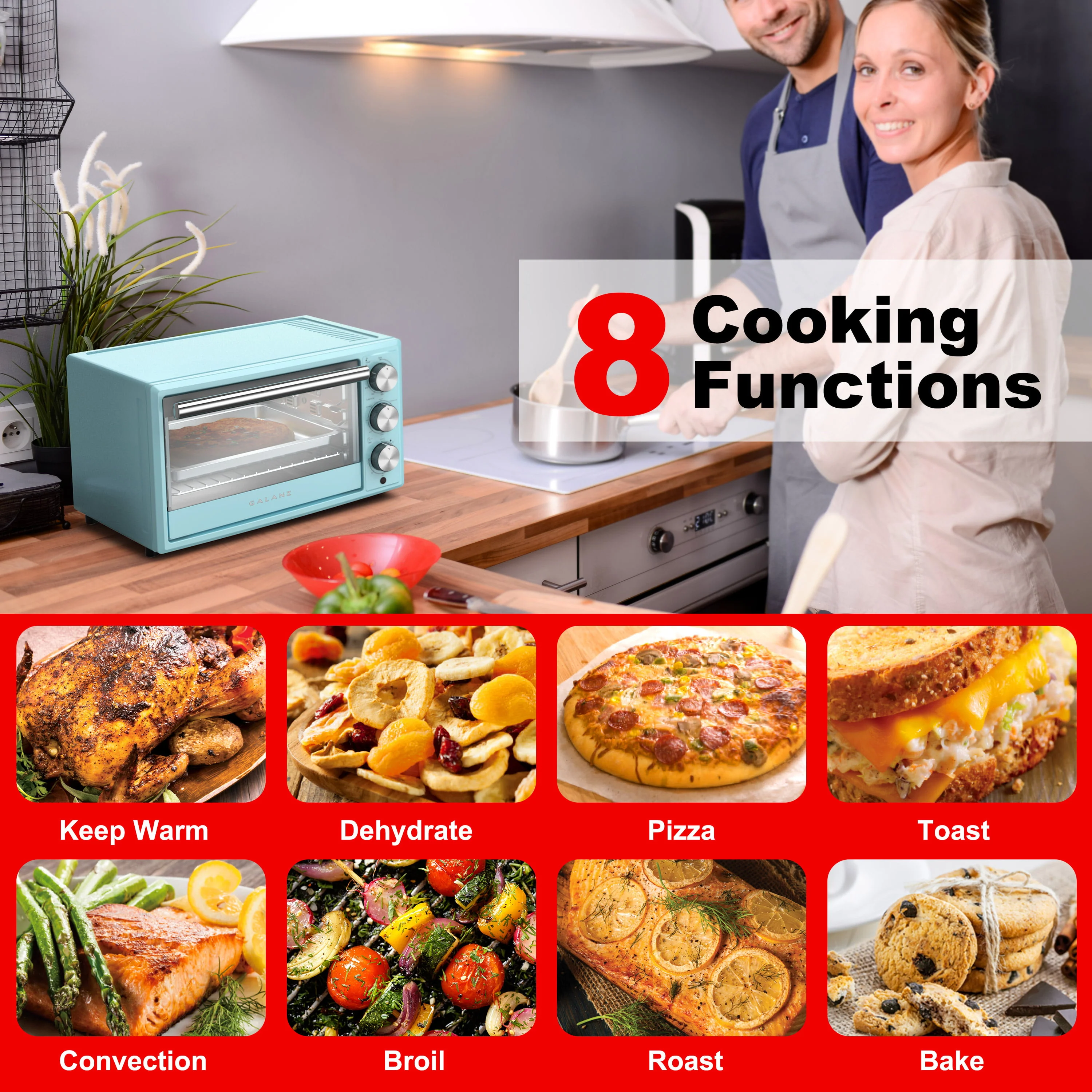 Galanz Retro Toaster Oven, True Convection, Indicator Light, 8 Cooking Programs, 1500W, 120Volts, 0.9 Cu.Ft Capacity, Blue - Image 3