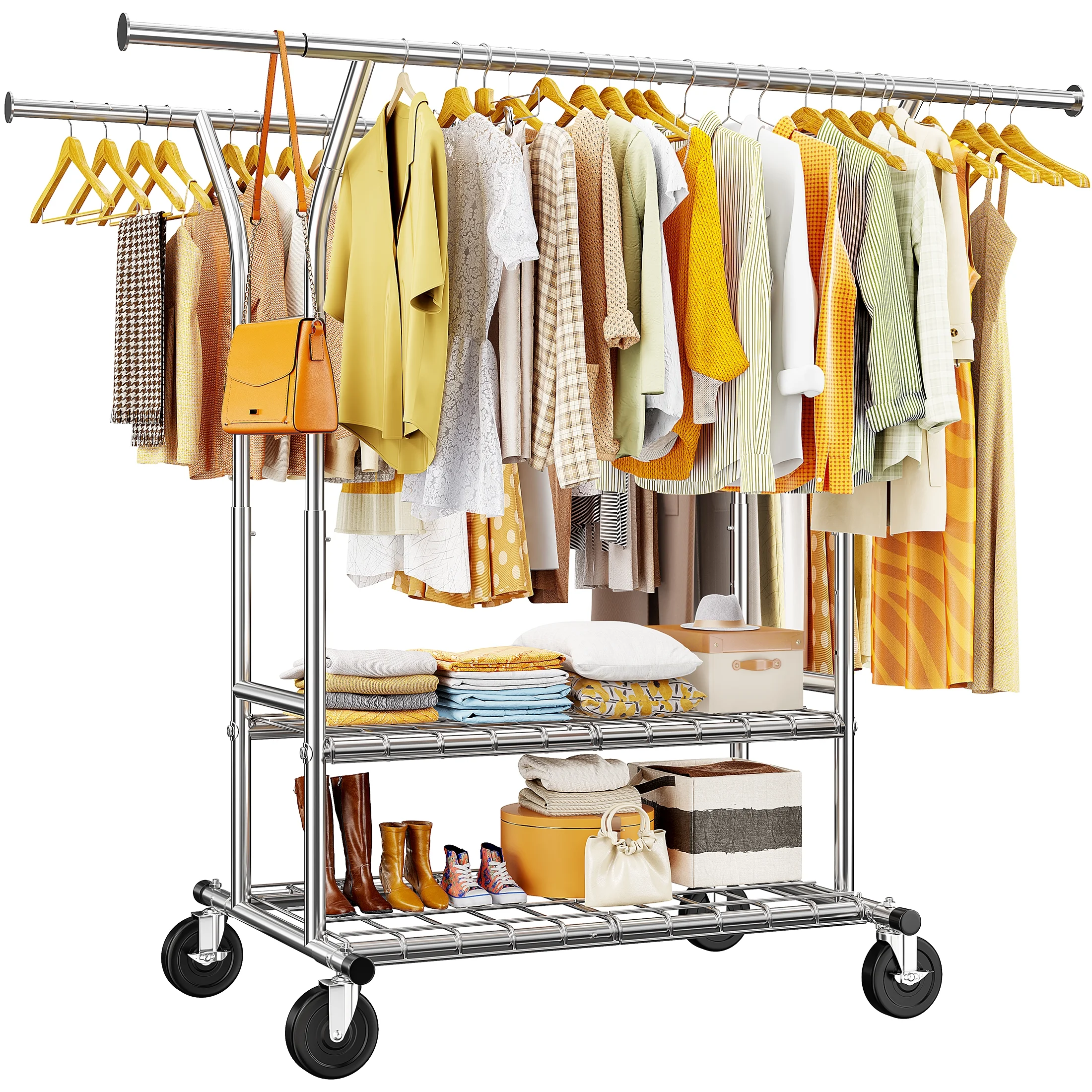 Clothes Rack with Wheels, Heavy-Duty Garment Rack for Hanging Clothes, Adjustable Freestanding Wardrobe Organizers and Storage with Double Sheves - Image 8
