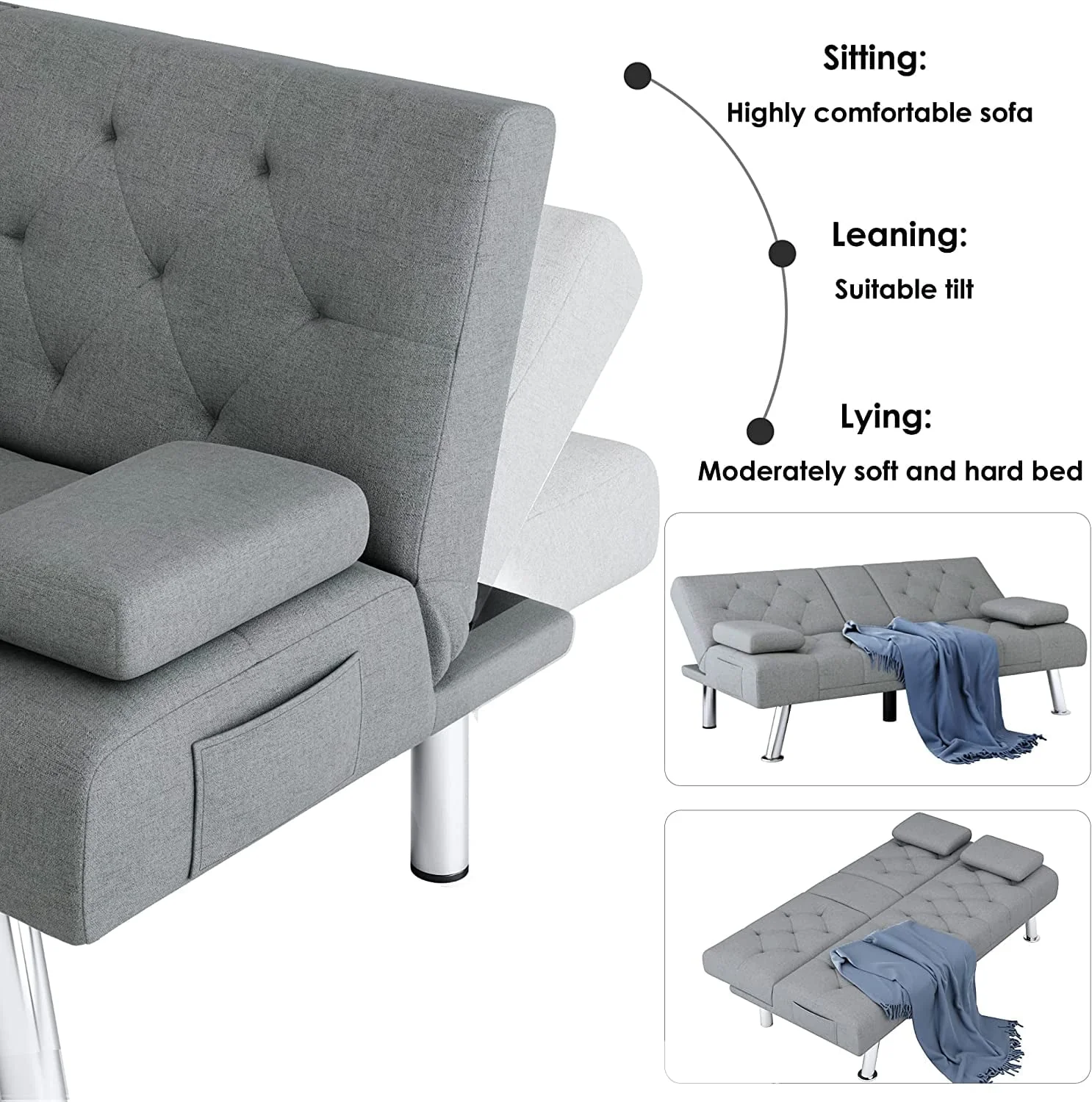 Homfa Convertible Futon Sofa Bed, 66.3'' Upholstered Removable Armrests, Gray Finish