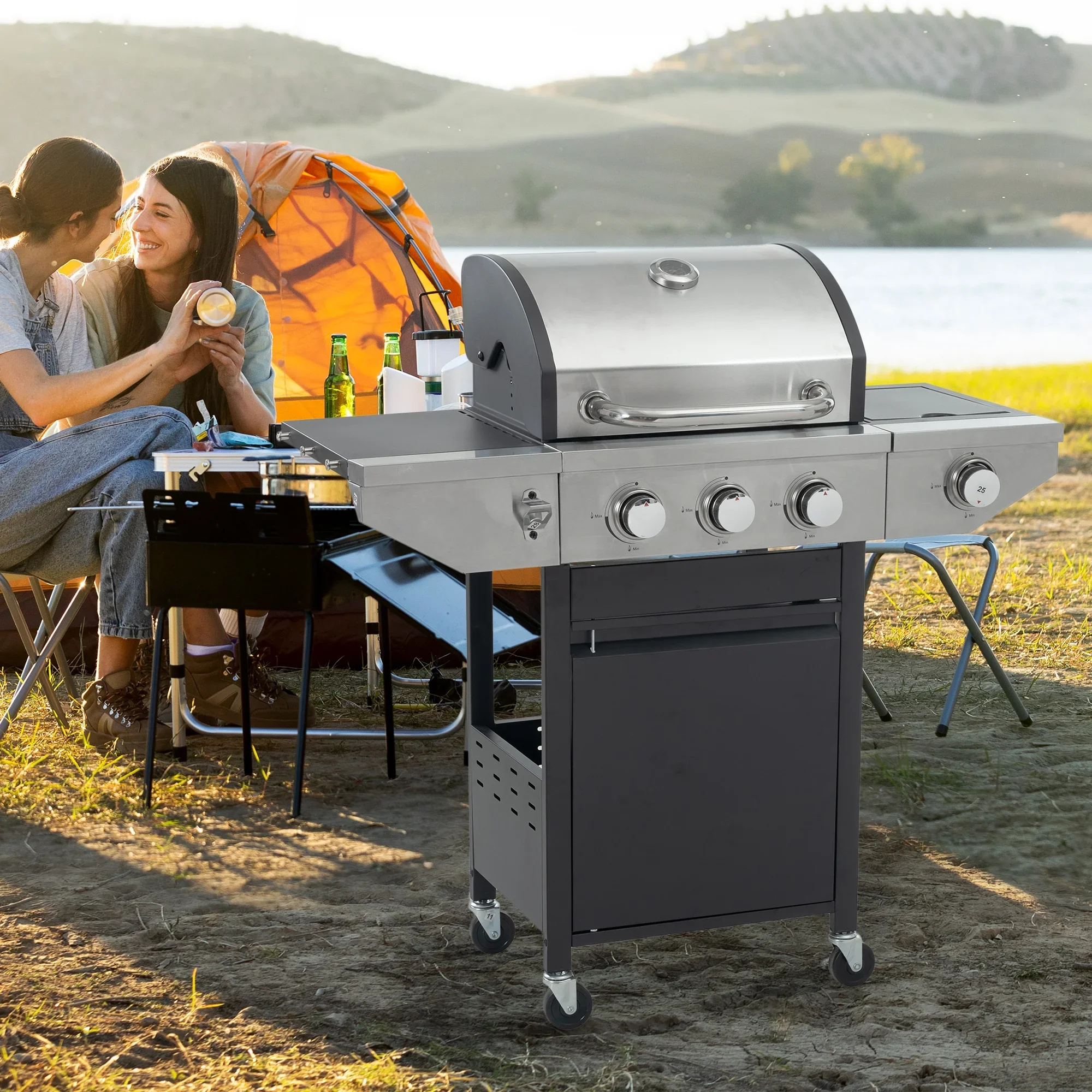 Furnibear 4 Burner BBQ Propane Gas Grill, Stainless Steel 34,000 BTU Patio Garden Barbecue Grill with Two Foldable Shelves