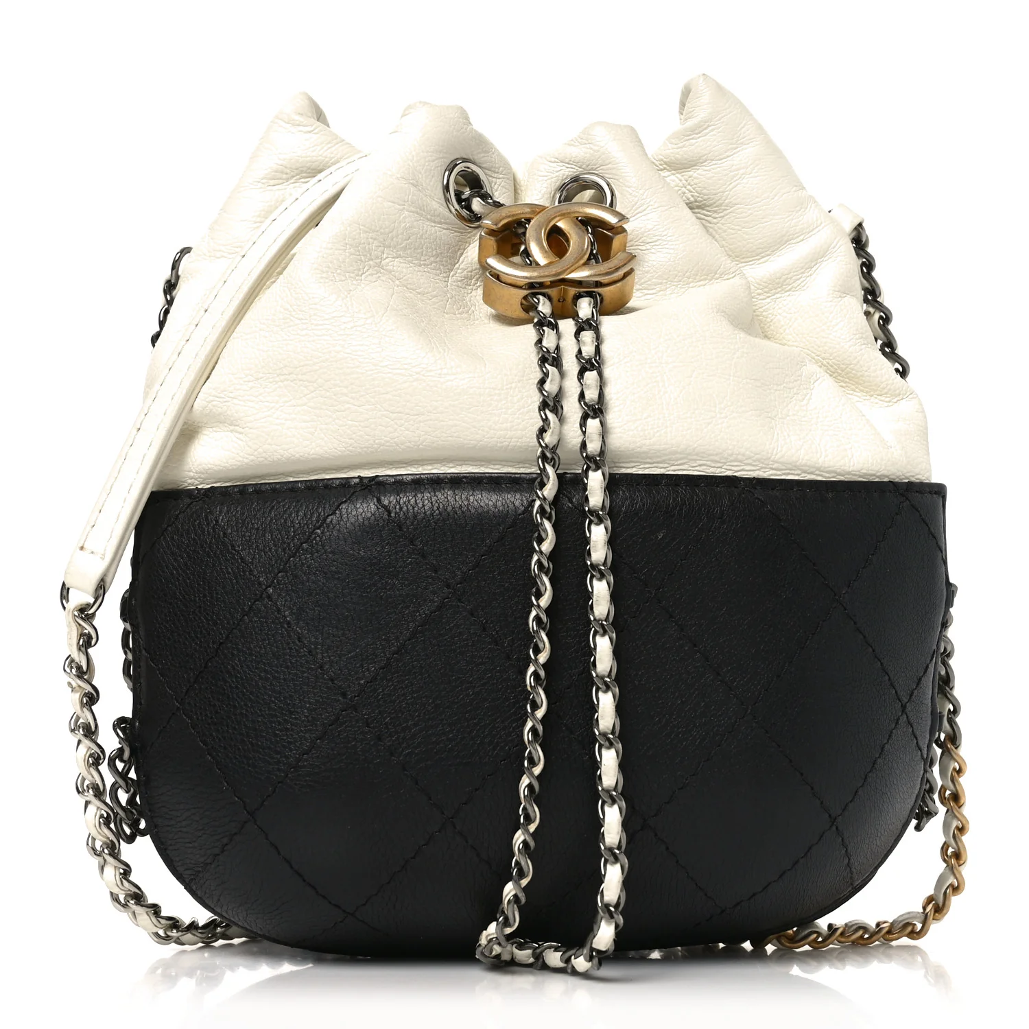 Aged Calfskin Quilted Small Gabrielle Bucket White Black