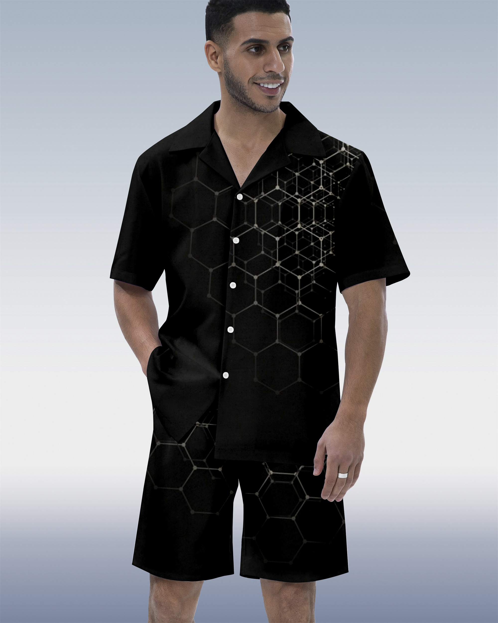 Ensemble chemise homme à manches courtes, col cubain, motif géométrique hawaïen, colorblock 03