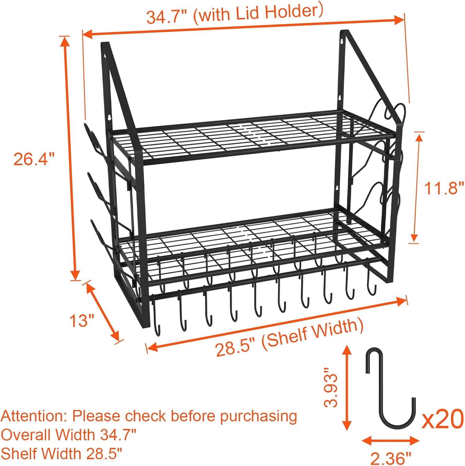 VyGrow 28 Inch Pot Rack Wall Mounted, 2 Tier Pots and Pans Organizer with 20 Hooks and 6 Pot Lid Holders, Heavy Duty Steel Pot and Pan Hanger for Kitchen Cookware Utensils Storage 34.7