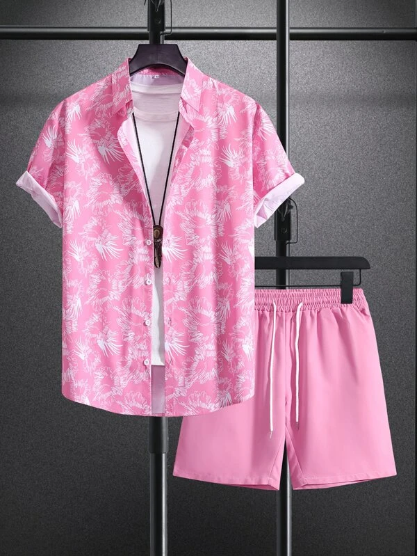 Ensemble chemise à manches courtes rose à imprimé hawaïen pour homme Suitmens 016