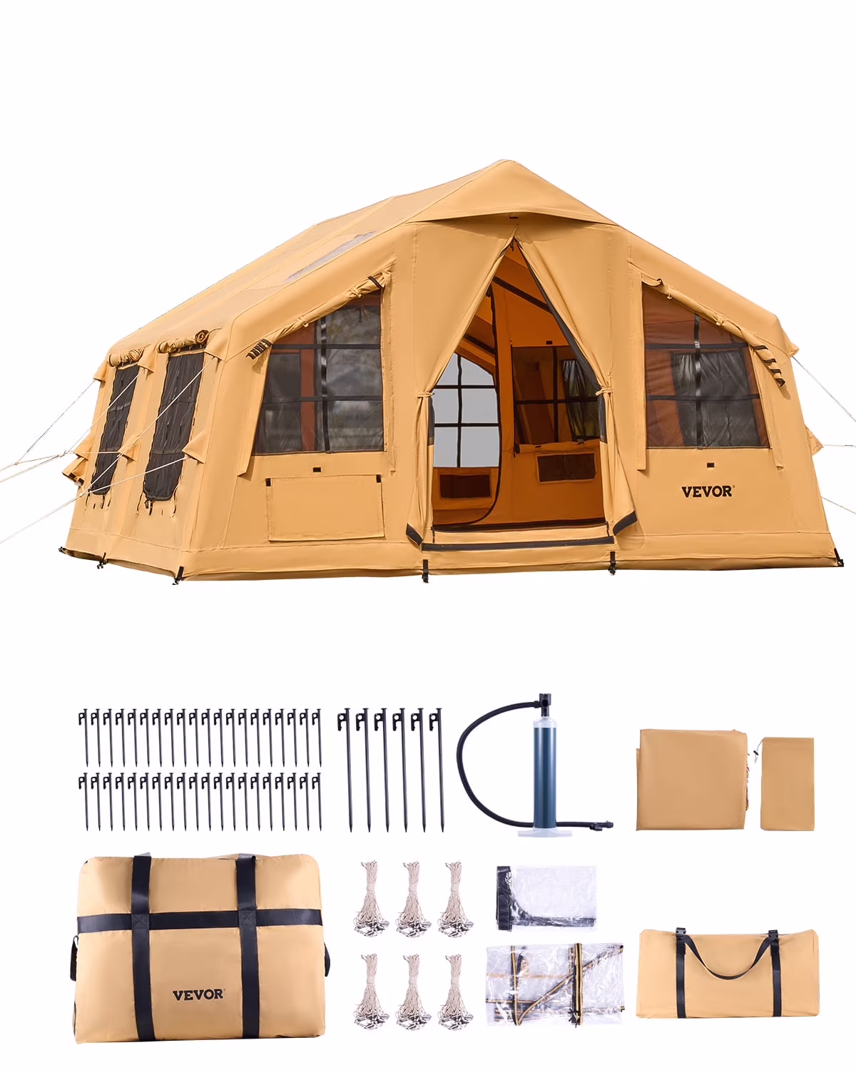 VEVOR Inflatable Tents for Camping, 8 - 12 Person Easy Setup Blow up Tent with Hand Pump, 4 Season Luxury Glamping Tent with 2 Skylights, Canopy, Stove Jack, 2 Doors & Mesh Windows(Include Storage Bag)