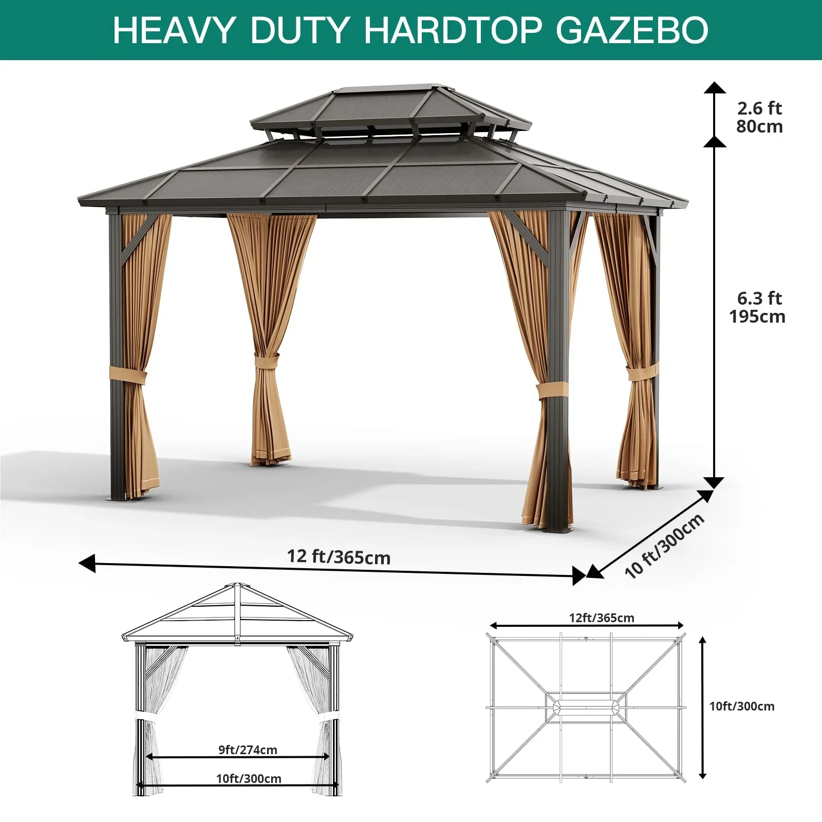 TROPOW Gazebos for Gardens,10x12ft Hardtop Gazebo,All Seasons Gazebos,Outdoor Polycarbonate Double Roof Canopy, Aluminum Frame Permanent Garden Tent with Curtains and Netting for Patio, Lawns,Khaki