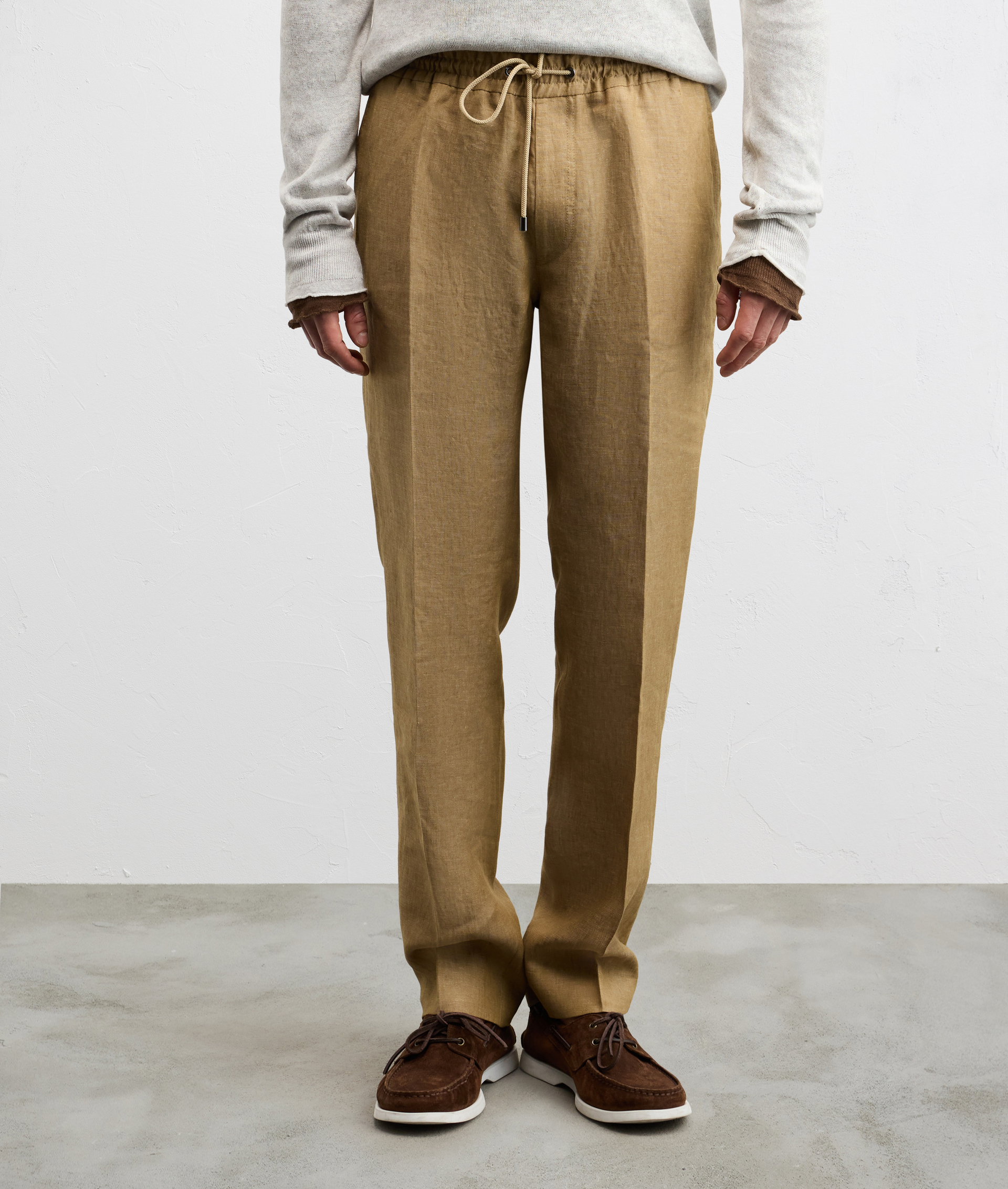 LIGHT BROWN FLAMED LINEN DRAWSTRING TROUSERS