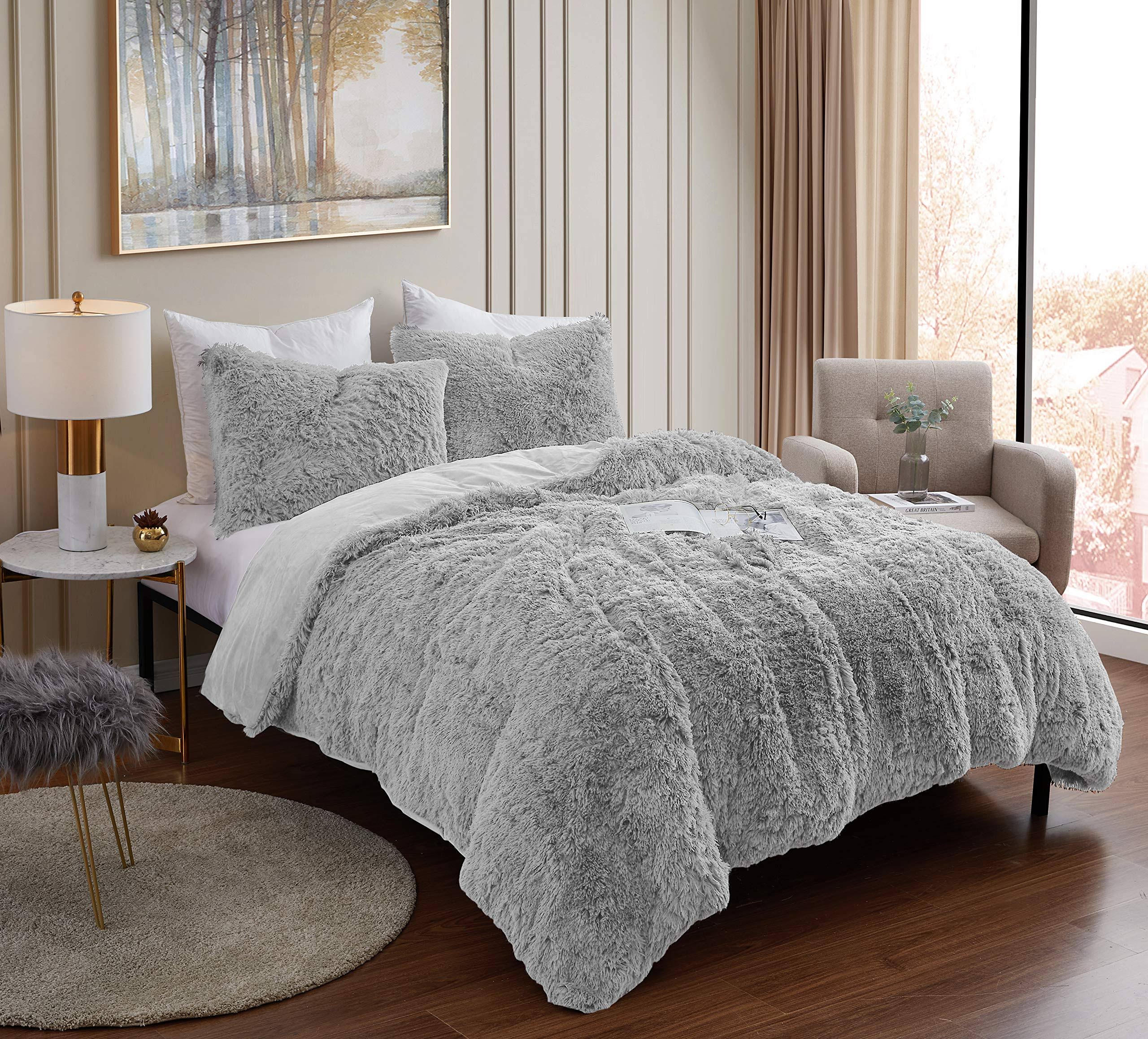 Shaggy Faux Fur 3-Piece Comforter Set Silver / King