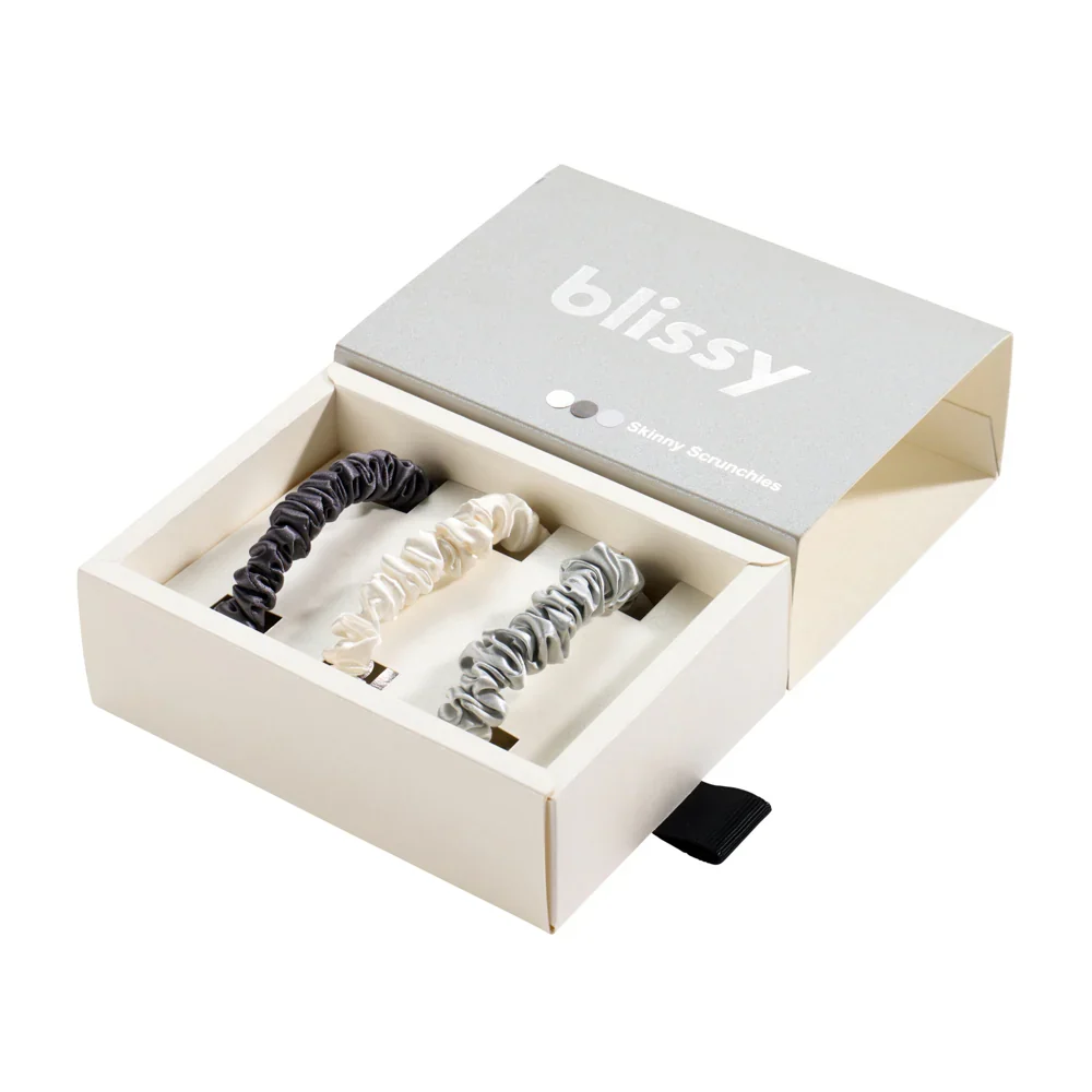 Blissy Skinny Scrunchies - White, Gray, Silver