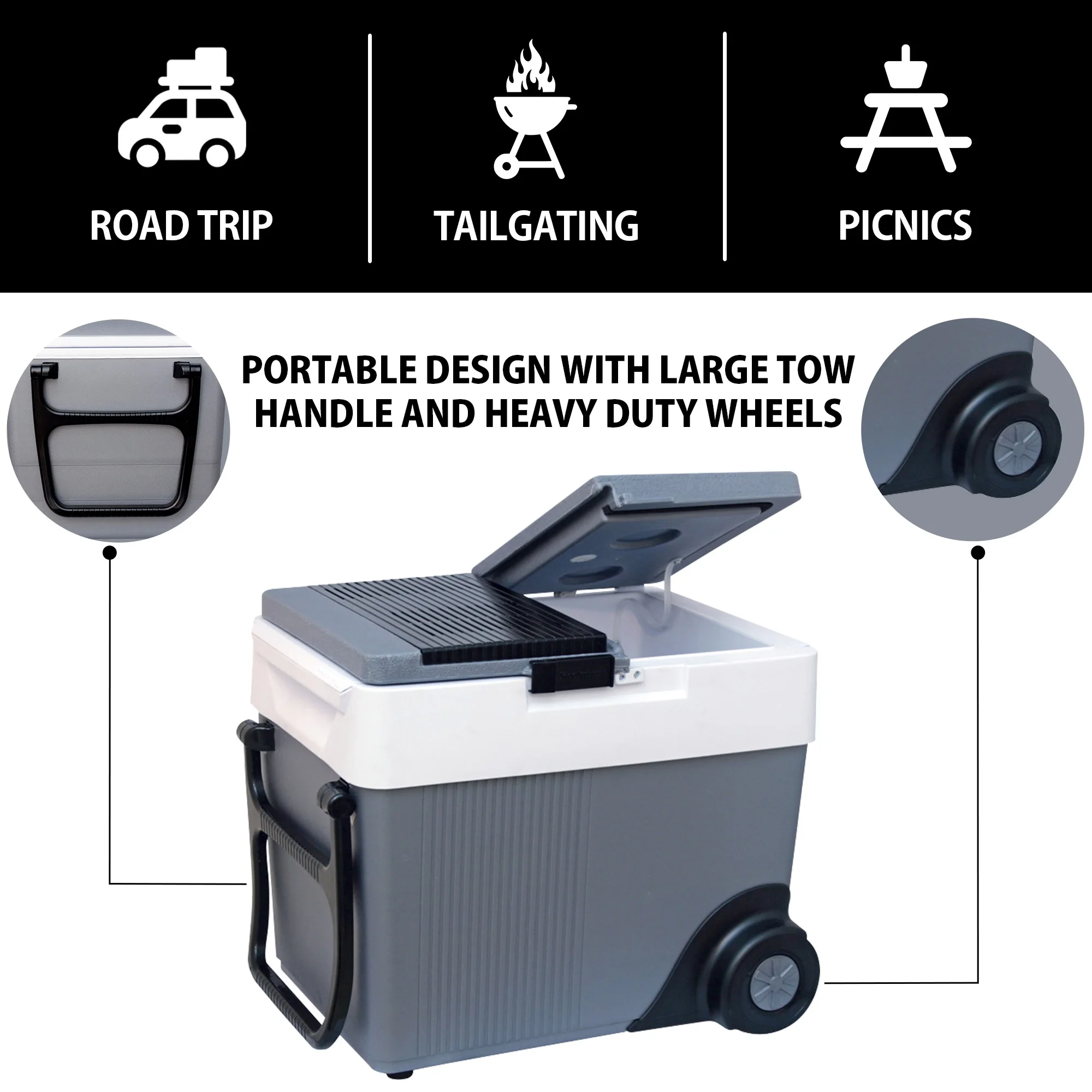 12V Wheeled Electric Cooler/Warmer 31L (33 qt), Gray - Image 3