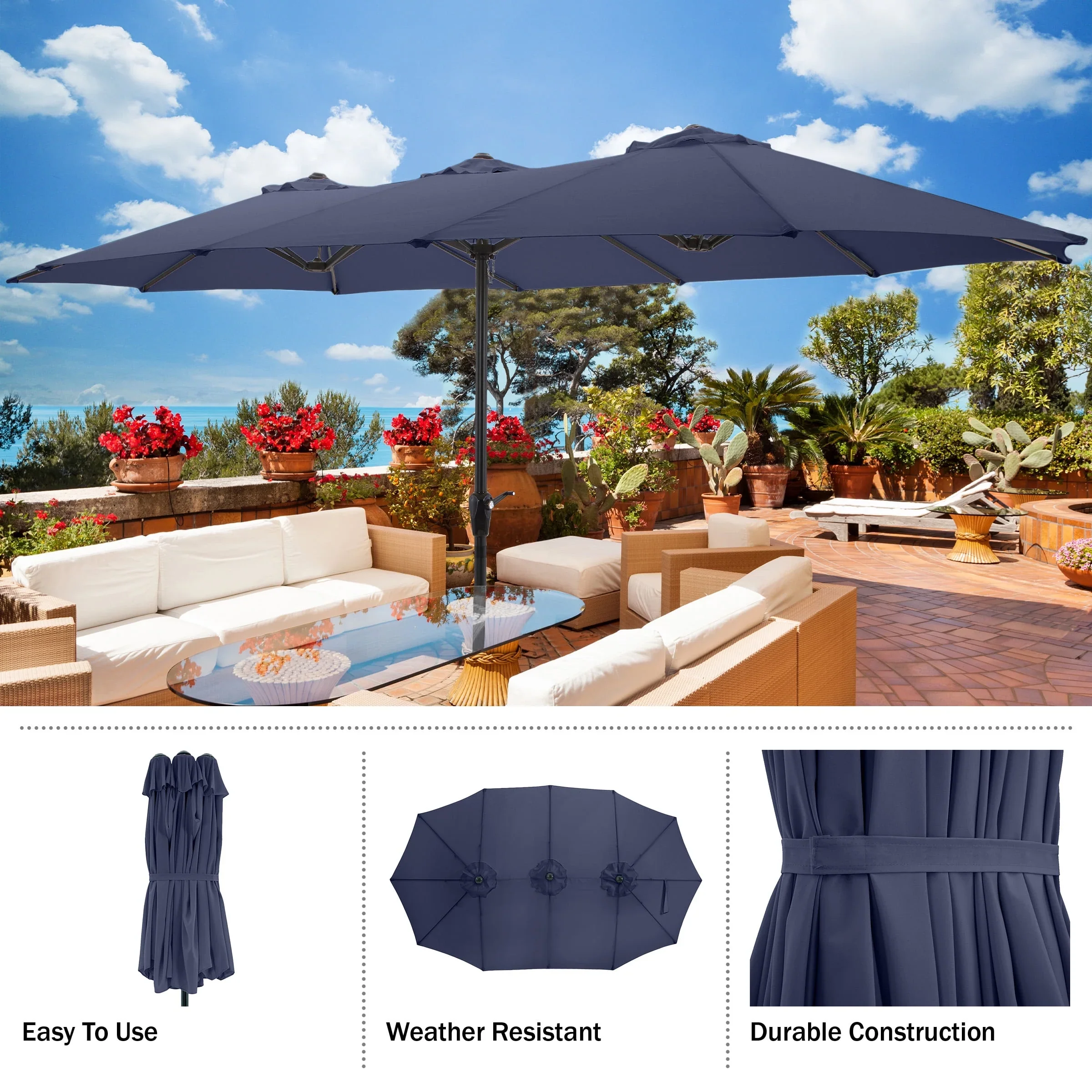 Pure Garden 15 Ft Double Patio Umbrella �?XL Sunshade with Hand Crank, Beige