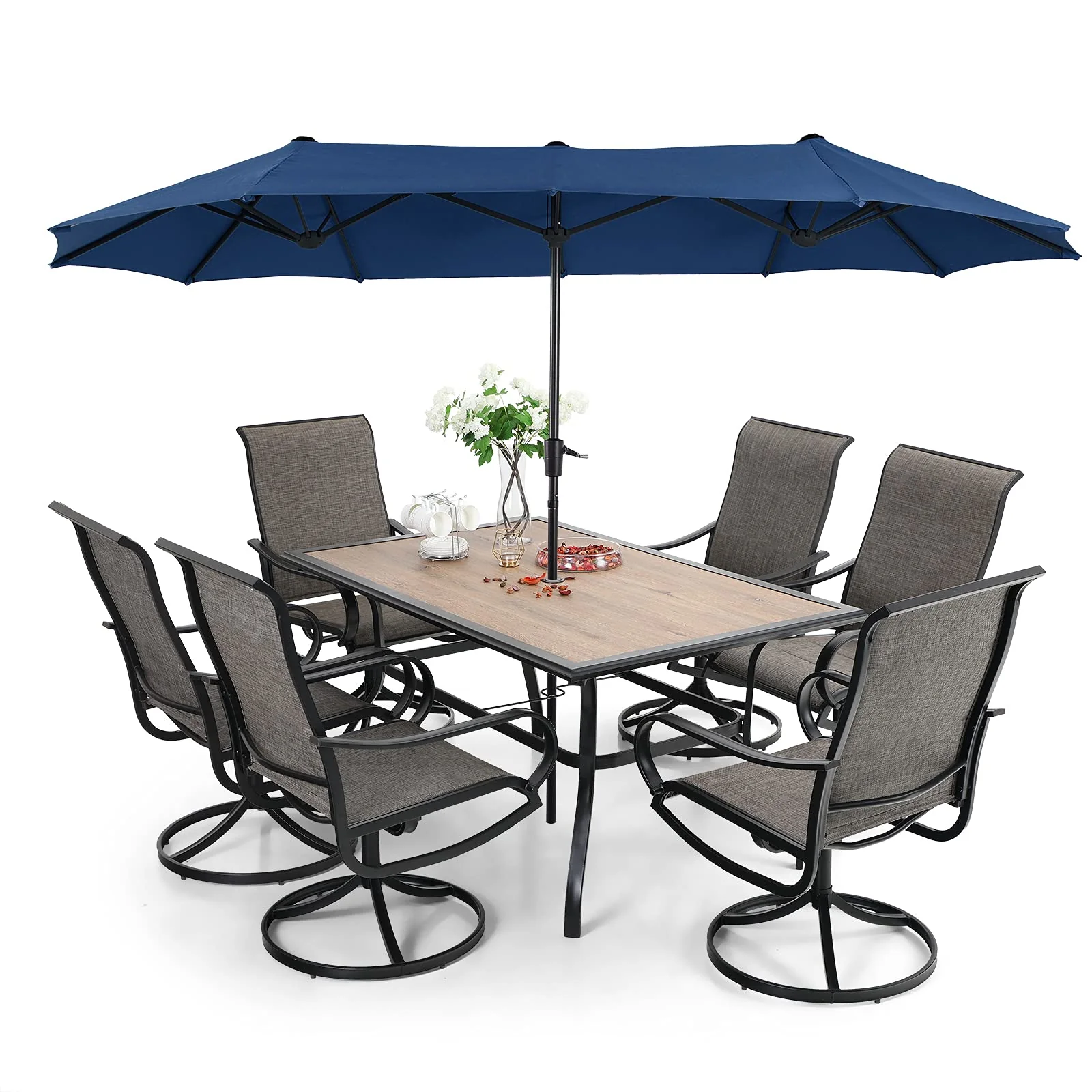 Ensemble de salle à manger de patio 8 pièces avec parasol, ensemble de mobilier d'extérieur avec 6 chaises de salle à manger pivotantes en toile