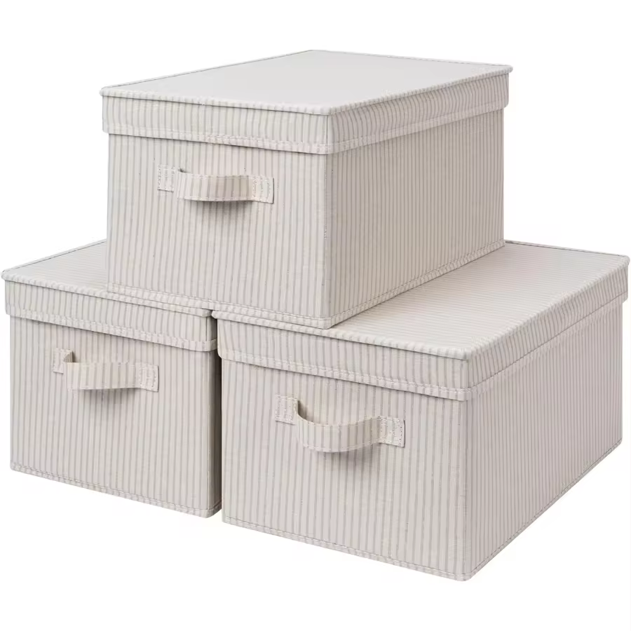 Storage Bins With Lid, Decorative Boxes With Soft Rope Handles, Foldable Baskets, Gray, Large, 3-Pack