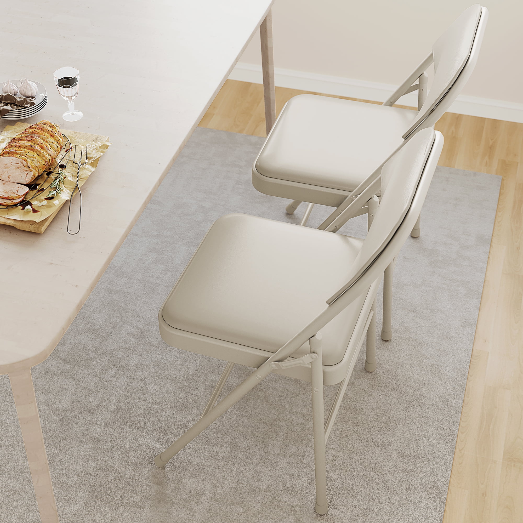 Luku Folding Chairs, Portable Card Chair, Metal Frame, PU Soft Cushion for Dining, Living, Office(4-Pack PU Cushion Chairs/Beige)