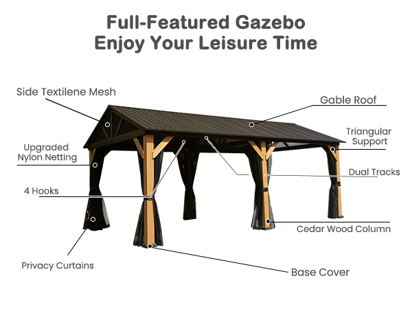 AECOJOY 12'x20' Wood Gazebo, Cedar Frame Hardtop Gazebo with Galvanized Steel Roof, Netting & Curtains